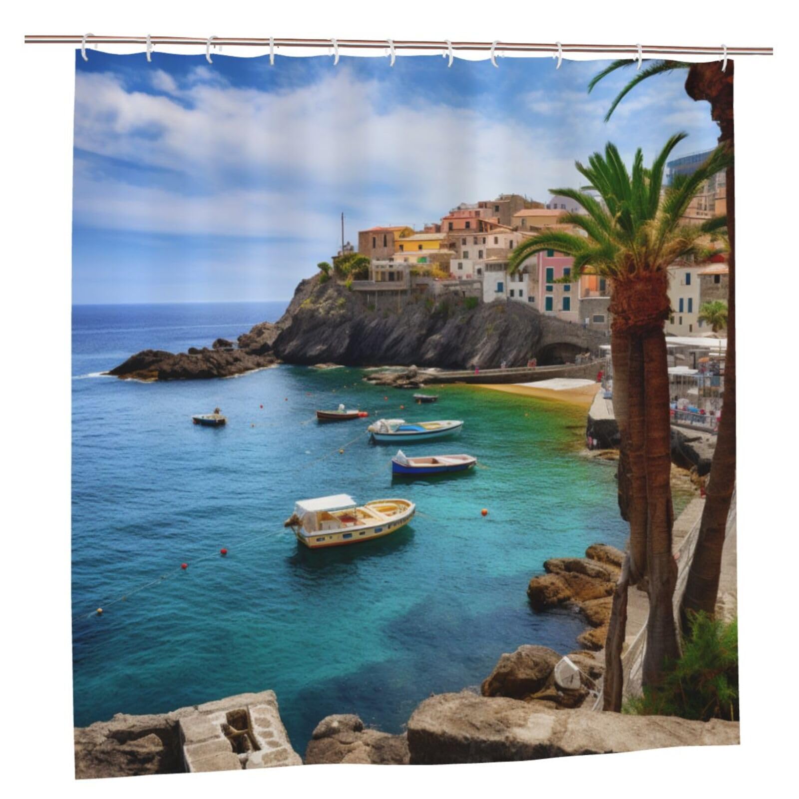 BWWHCCTI Italian Island Fisherman Village Printed Shower Curtain With 12 Plastic Hooks Opaque Quick Drying Waterproof Shower Curtains Sets For Bathroom 183x183 CM