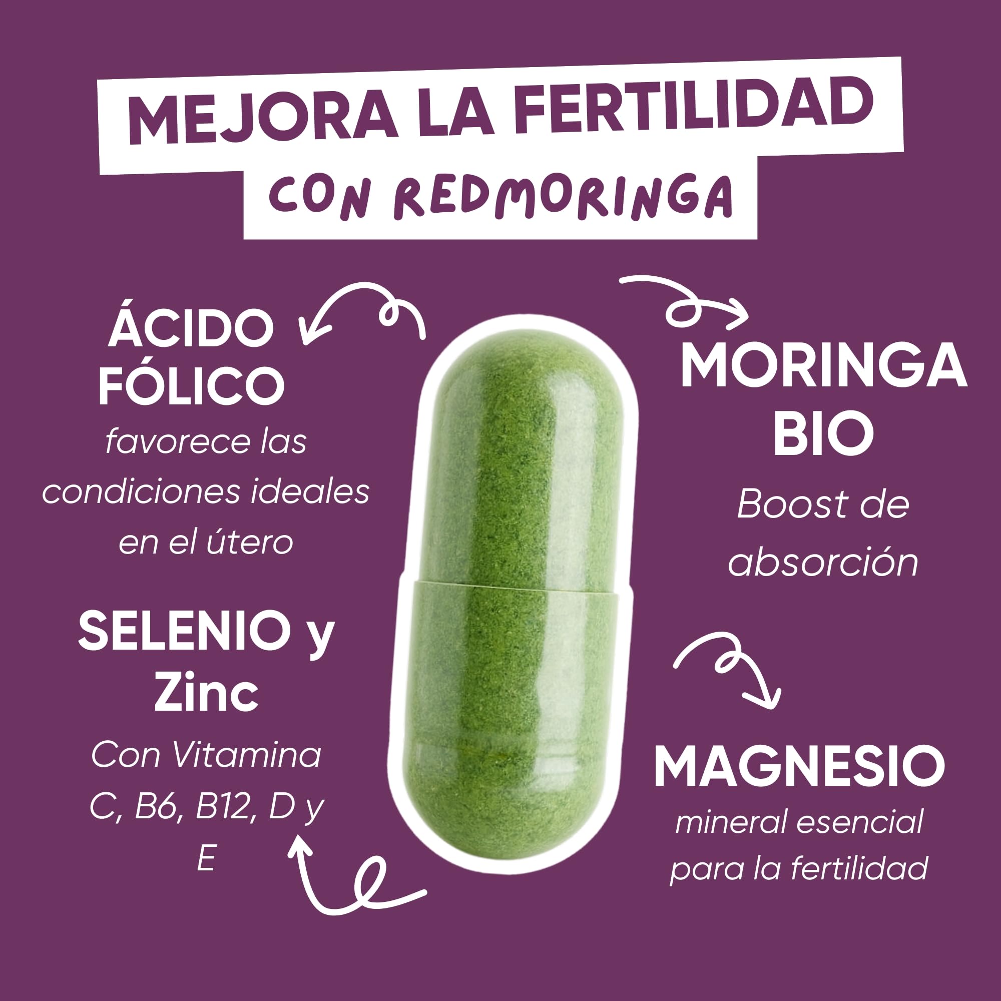 Suplemento Fertilidad Mujer – Moringa, Zinc, Vitaminas B6 y B12, Ácido Fólico | Preconcepción, Apoyo Hormonal y Reproducción Saludable | 180 Cápsulas – RedMoringa