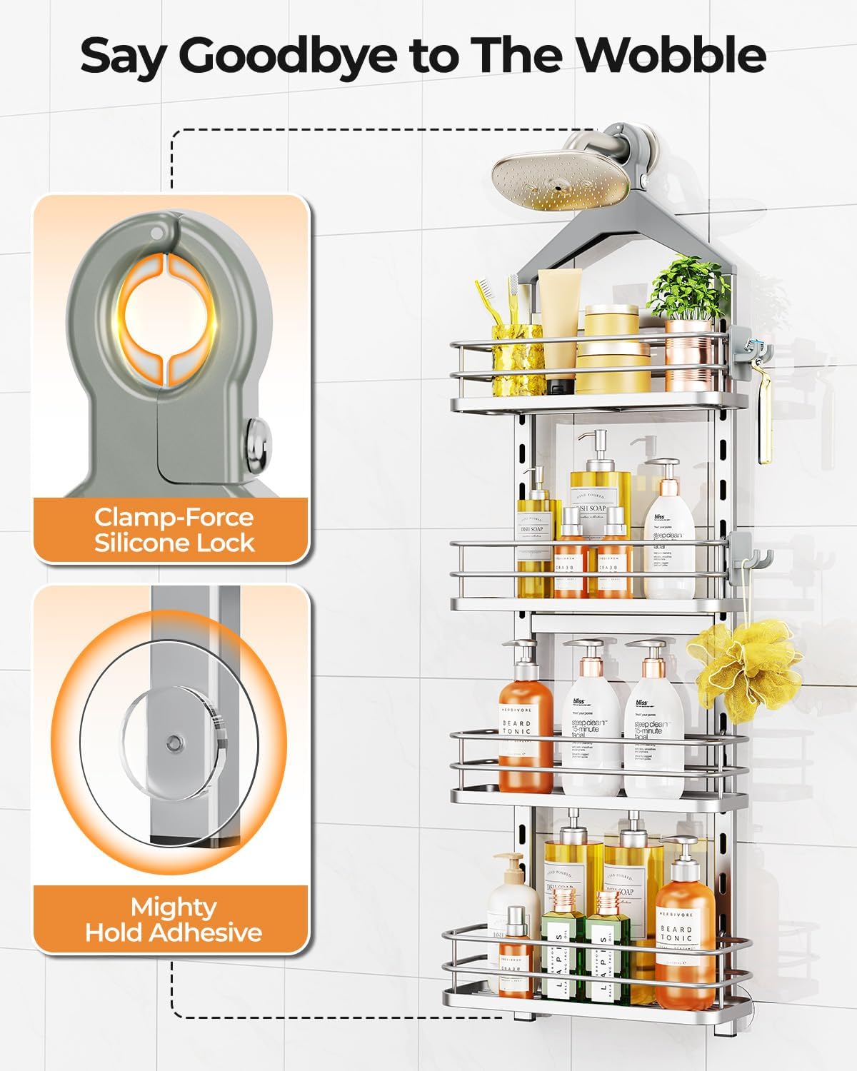 ODesign 4 Tier Height-Adjustable Shower Caddy Hanging Anti-Swing-Over The Shower Head Caddy- Storage Organizer Bathroom Shelves Basket Caddies-Silver