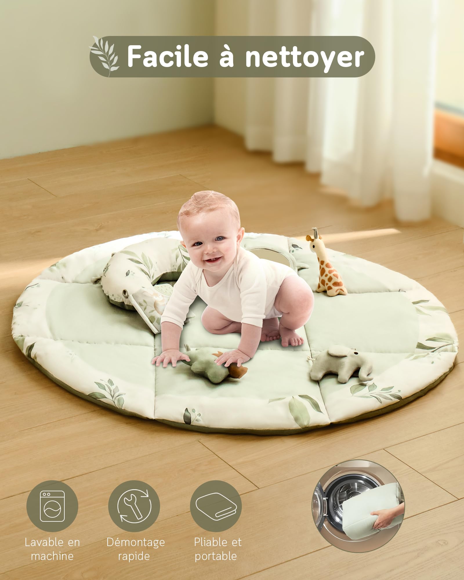 Tapis d'éveil Bébé avec Arche amovible et 5 Jouets d'activité, Thème Naturel, Fortella, Vert, pour Nouveau-né 0-12 Mois