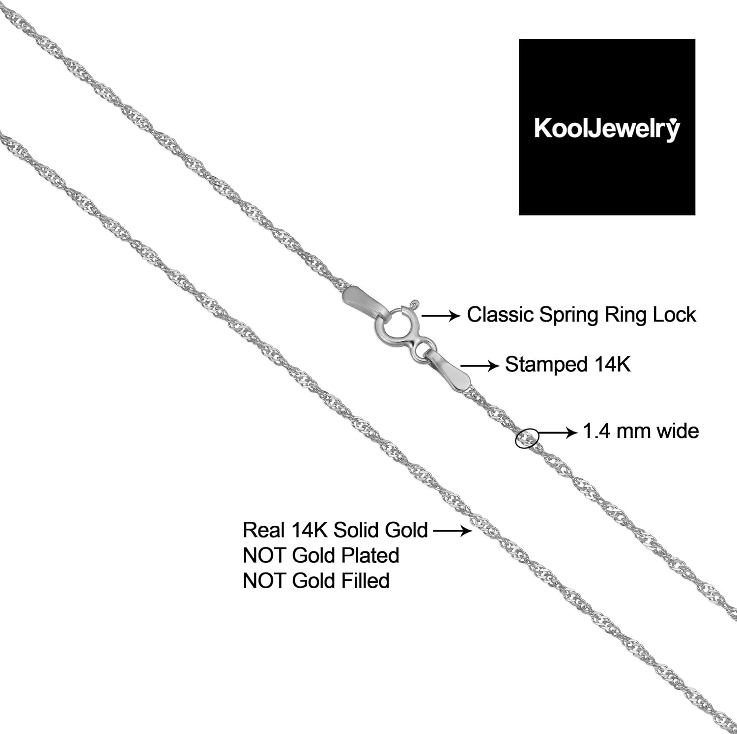 Kooljewelry Womens Singapore Chain Classic - 14k White Gold Chain Necklace, Spring Ring Clasp - Image 3