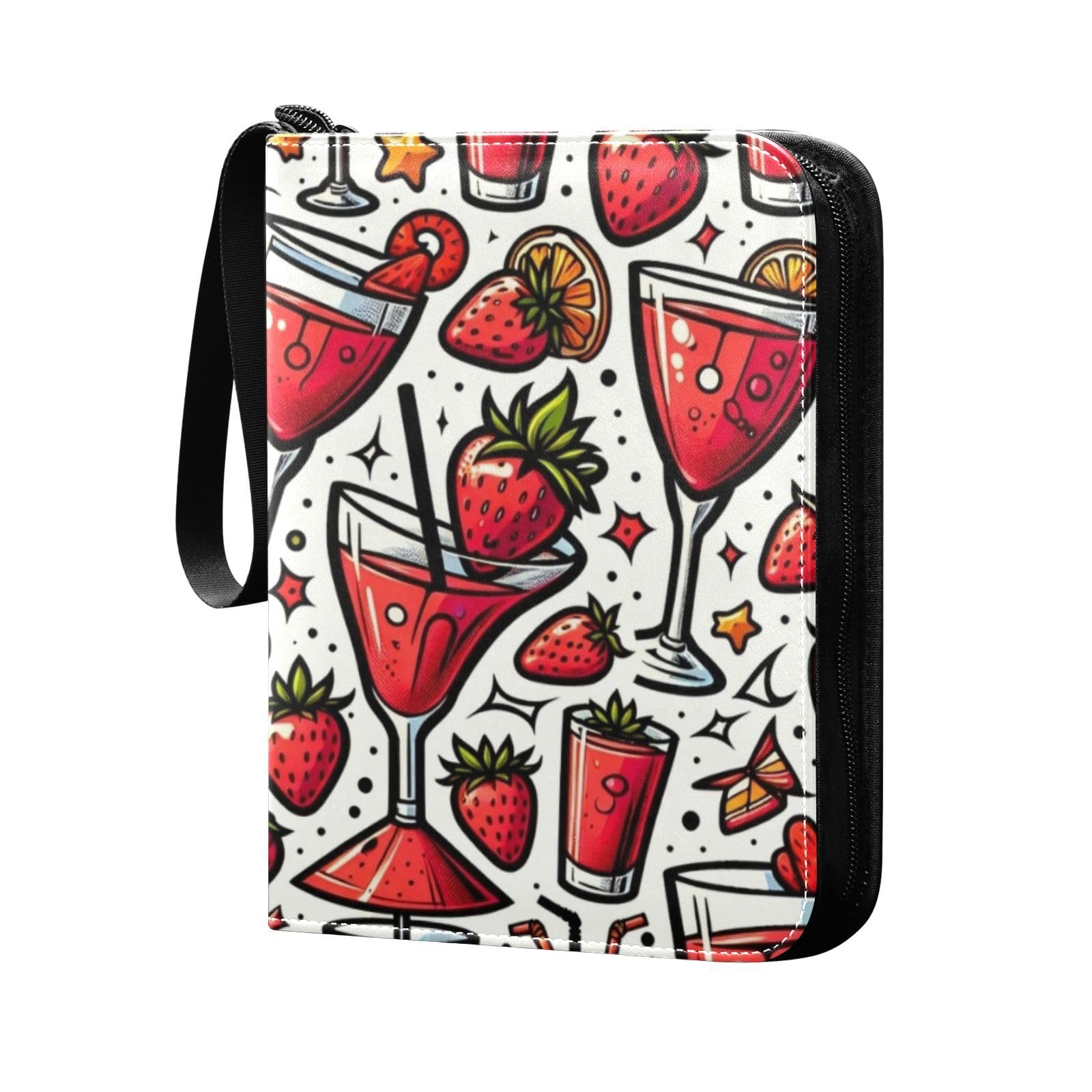 FLildon Stropical Strawberry Cocktails Card Binder 4 Pocket Trading Card Album Fits 400 Sports/Game Cards, PU Cover 3 Ring Card Collection with 50 Removable Sleeves
