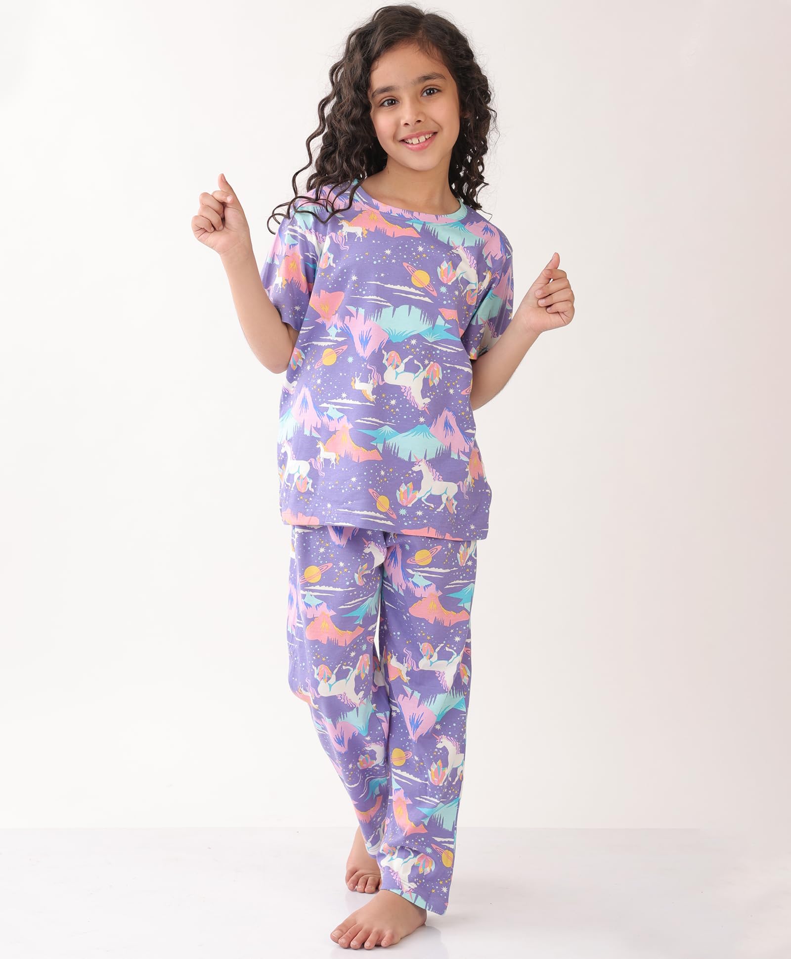 ANTHRILO Summer Unicorn Planet Short Sleeve Pyjama Set - Purple - Image 5 thumbnail