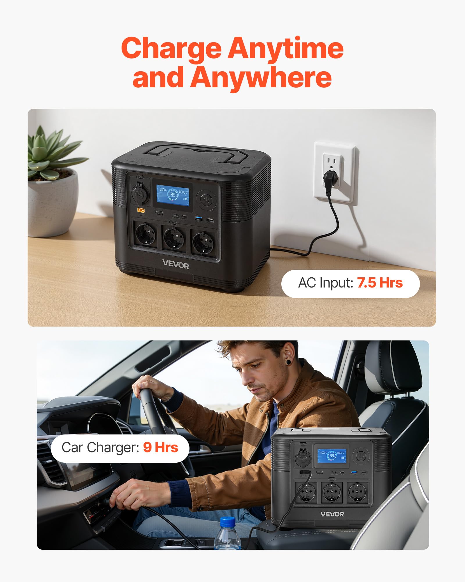 VEVOR Centrale Elettrica Portatile Generatore Solare da 1800 W Batteria di Backup LiFePO4 da 1008 Wh con 8 Porte di Uscite per Campeggio Viaggio Camper Emergenza, Pannello Solare Non Incluso