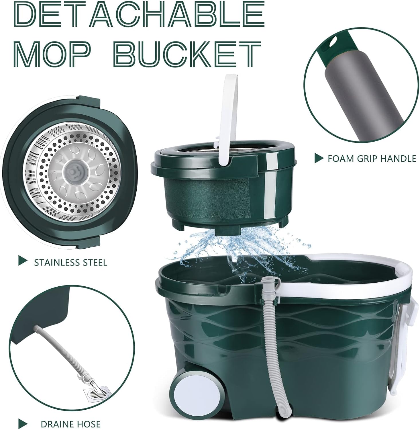 Masthome Mop and Bucket with Wringer Set, Spin Mop Bucket Floor Cleaning System with 2 Wheels for Easy Moving, 5 Microfiber Mop Refills & 1 Floor Brush Head Included