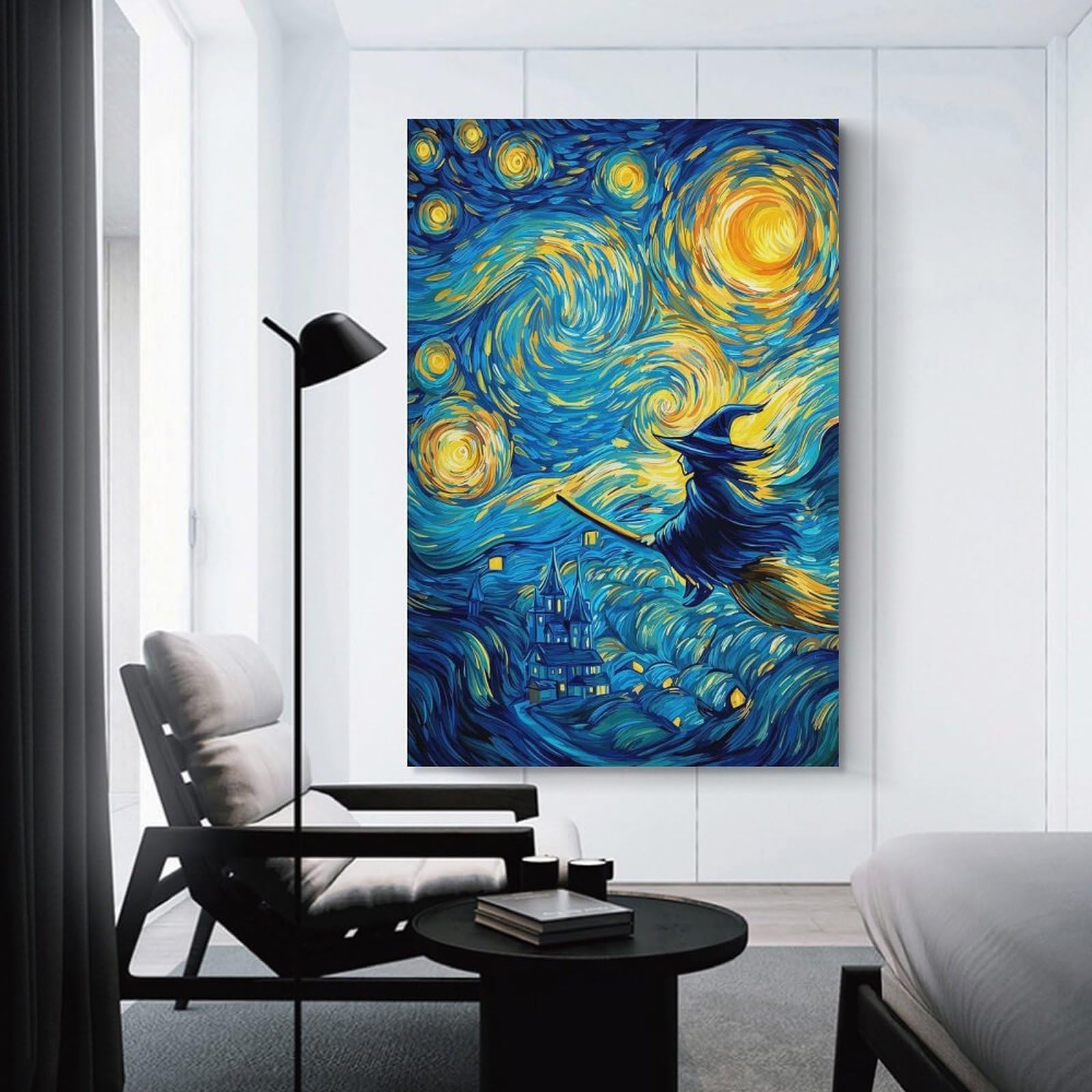 Junmoney Unframe-Style-15 Whimsical Witch Flight In Starry Night Home Decor Wall Art 08X12inch(20X30cm), For Bedroom, Guest Room Or Reading Nook, Decorative Wall Art For Cosy Rooms