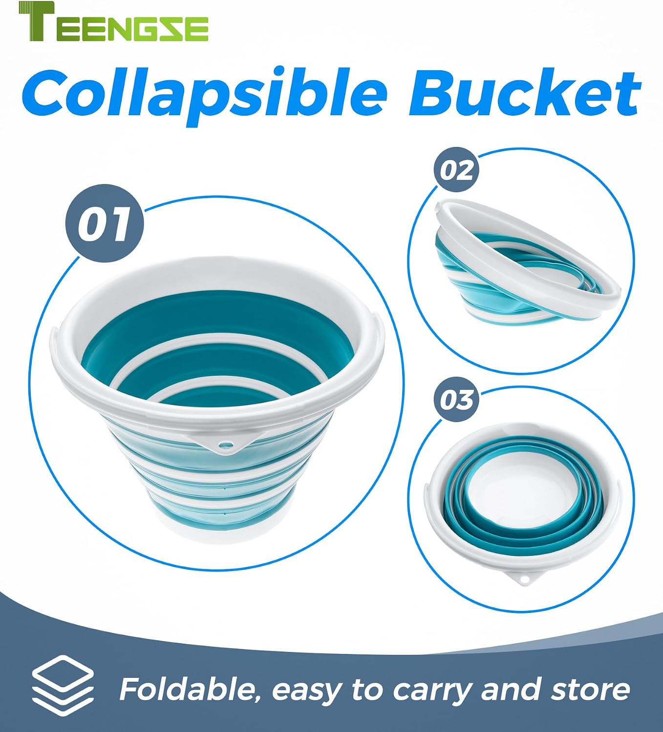 Portable Collapsible Bucket, TEENGSE 10L Large Capacity Silicone Hanging Cleaning Bucket for Car Washing/Fishing/Camping/Outdoor Travel, Multifunctional Foldable Water Bucket, Peacock Blue