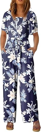 Happy Sailed Womens Jumpsuit Dressy Summer Short Sleeve High Waisted Floral Jumpsuits Women Overalls Long Pants Rompers Beach Vacation Outfits Fashion 2025 Blue Large