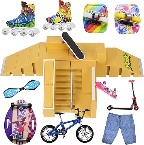 Fingerboard Skatepark - Juego de 16 rampas de patineta de dedo, 5 piezas con 11 juguetes de dedos pequeños, incluyendo patinetas de dedo, parque de