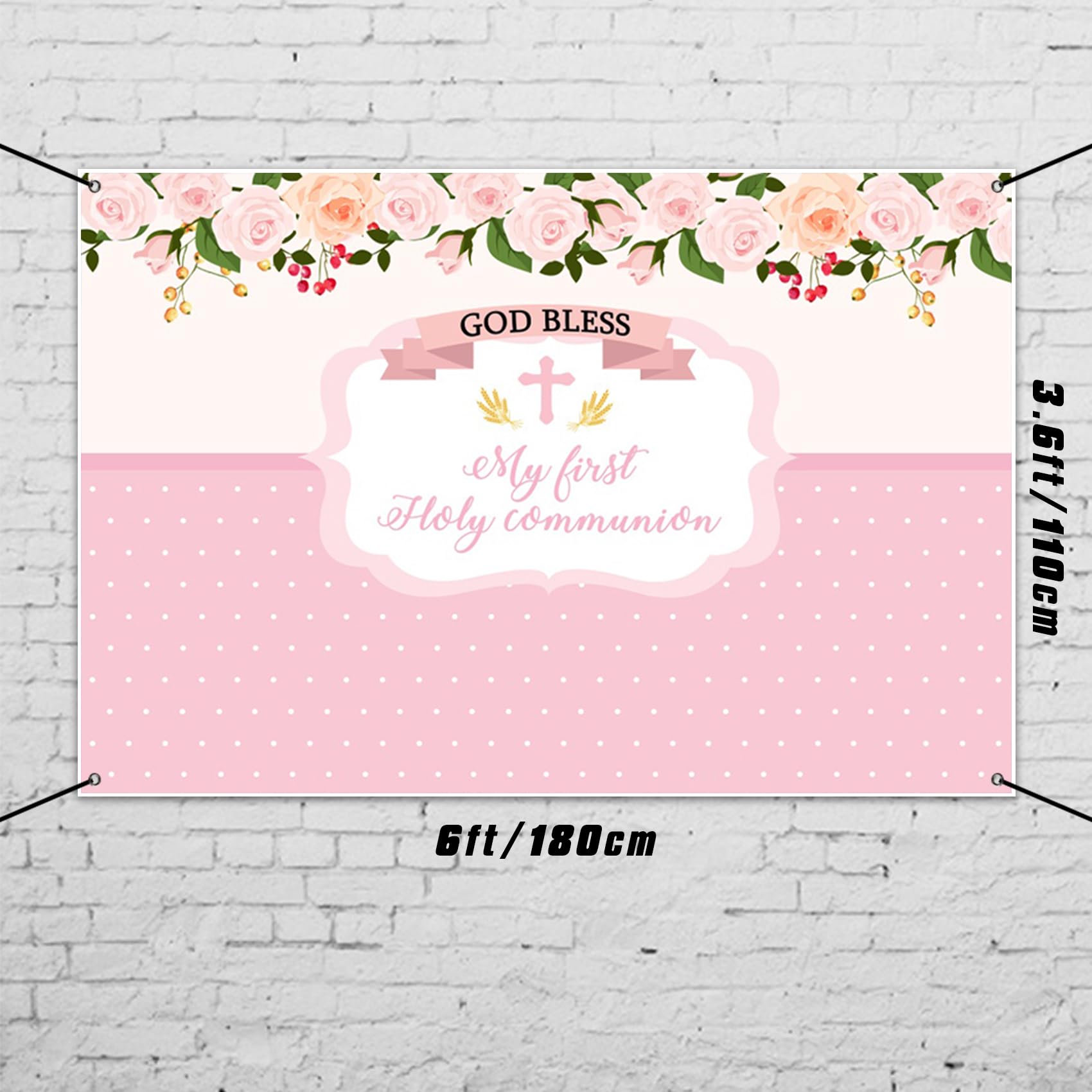 MIRRORANG Polyester 6x3.6ft First Communion Party Decor Banner Pink Baptism Banner Floral God Bless Baby Shower Backdrop Newborn Infant Photo Background - Image 4