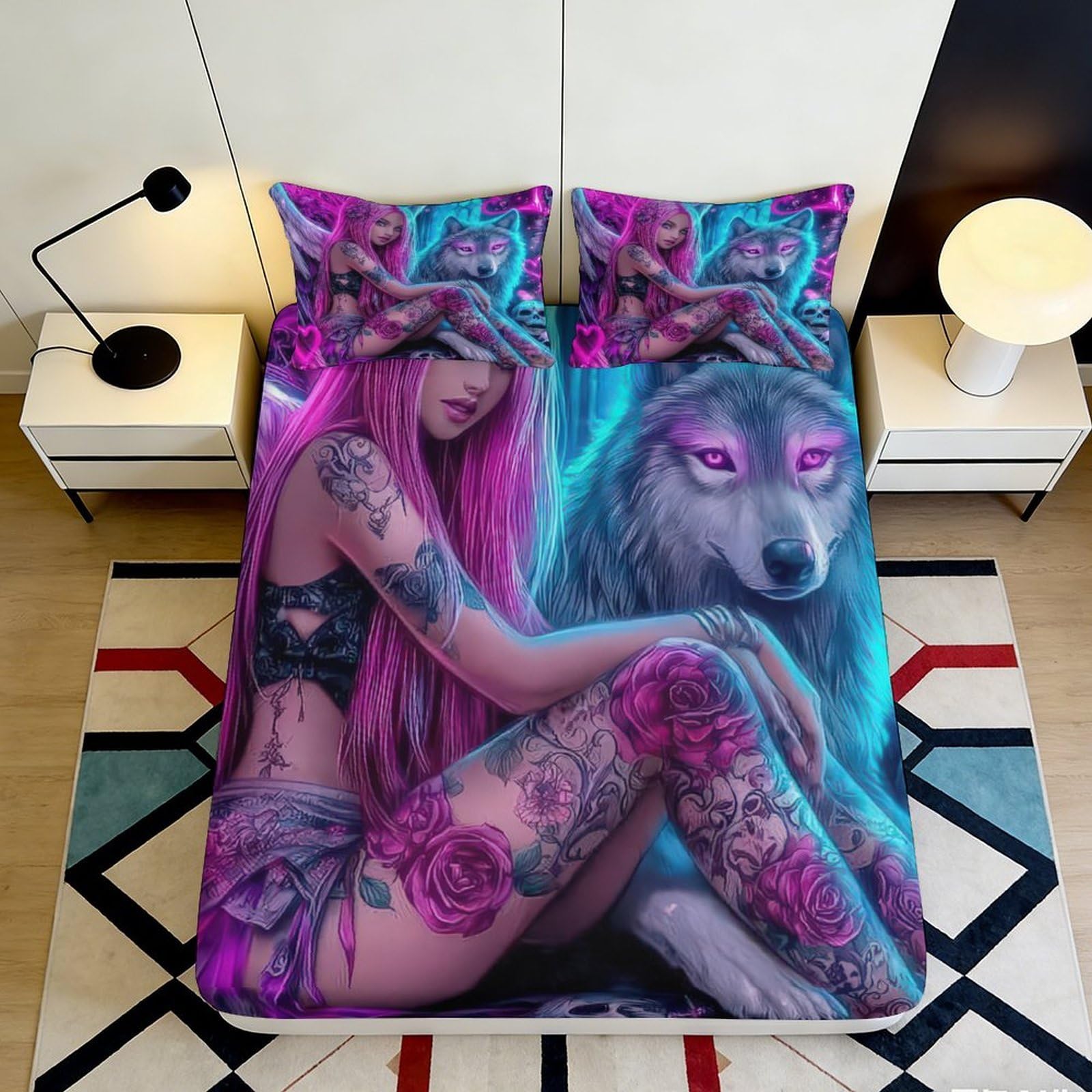 Pnayamiorkfel Girls Style-10 3D Printed Fantasy Tattooed Fitted Sheet Microfiber Soft Breathable Wolf Bed Cover Decor For Bedroom Guest Room 90X200x25cm