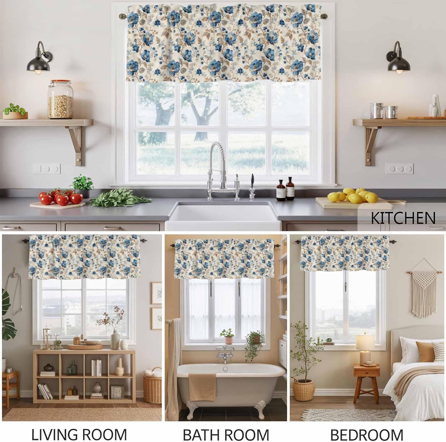 Blue Floral Valances for Windows 2 Pack Farmhouse Flower Kitchen Valance Curtains Rod Pocket Window Treatments Spring Vintage Botanical on Linen Valances for Living Room Bedroom Bathroom 54x18 Inch