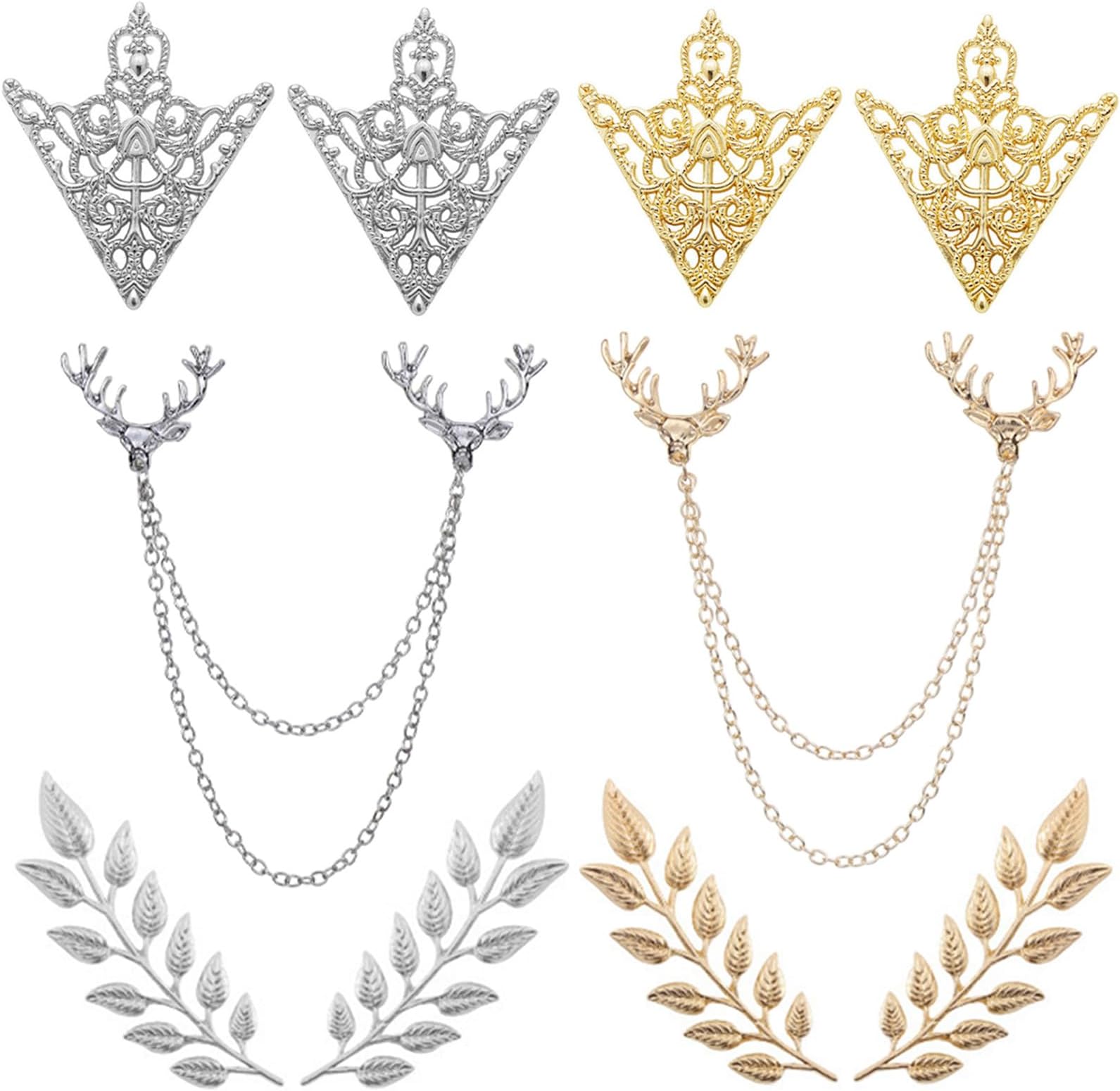 JinYu10pcs Hollow Pattern and Angle Triangle Collar leaf Brooch Antler with hanging chains Gold and Silver for Men Women