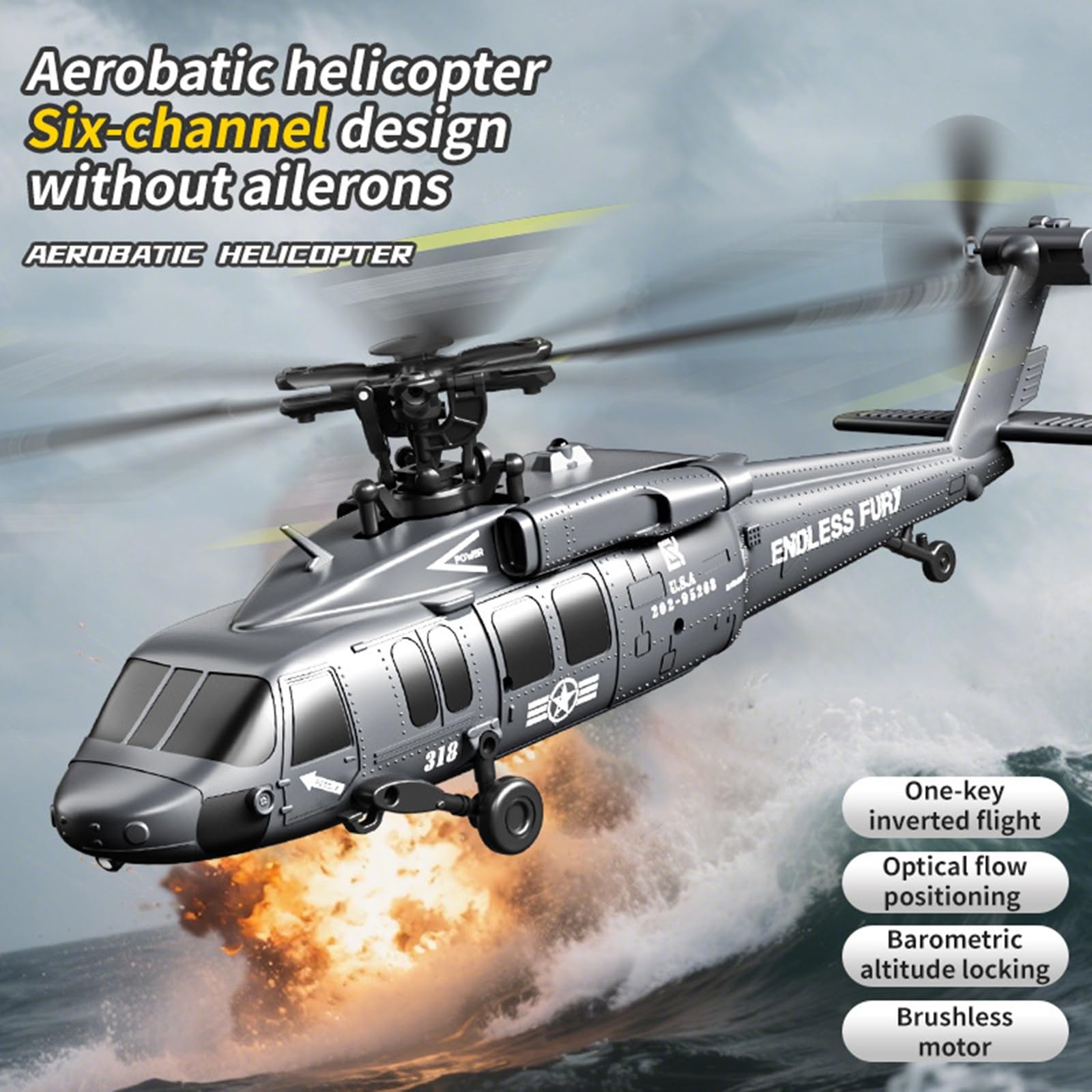 Elicottero radiocomandato K200 UH-60 per Black-Hawk radiocomando brushless a 6 canali, giroscopio a 6 assi velivolo militare con 3 velocità e posizionamento ottico Regalo(Silver)