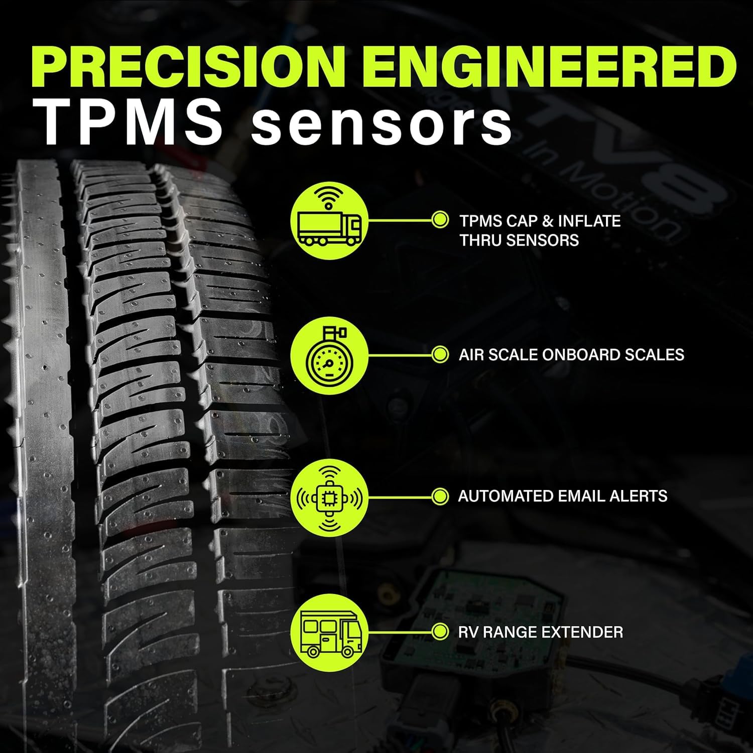 PressureTech Wireless Tire Pressure Monitoring System - TPMS Sensors for Automobiles, Motorcycles, Powersport Vehicles, RVs, Trailers - Real-Time Display w/iOS or Android App (0-150 PSI) (Pack of 8)