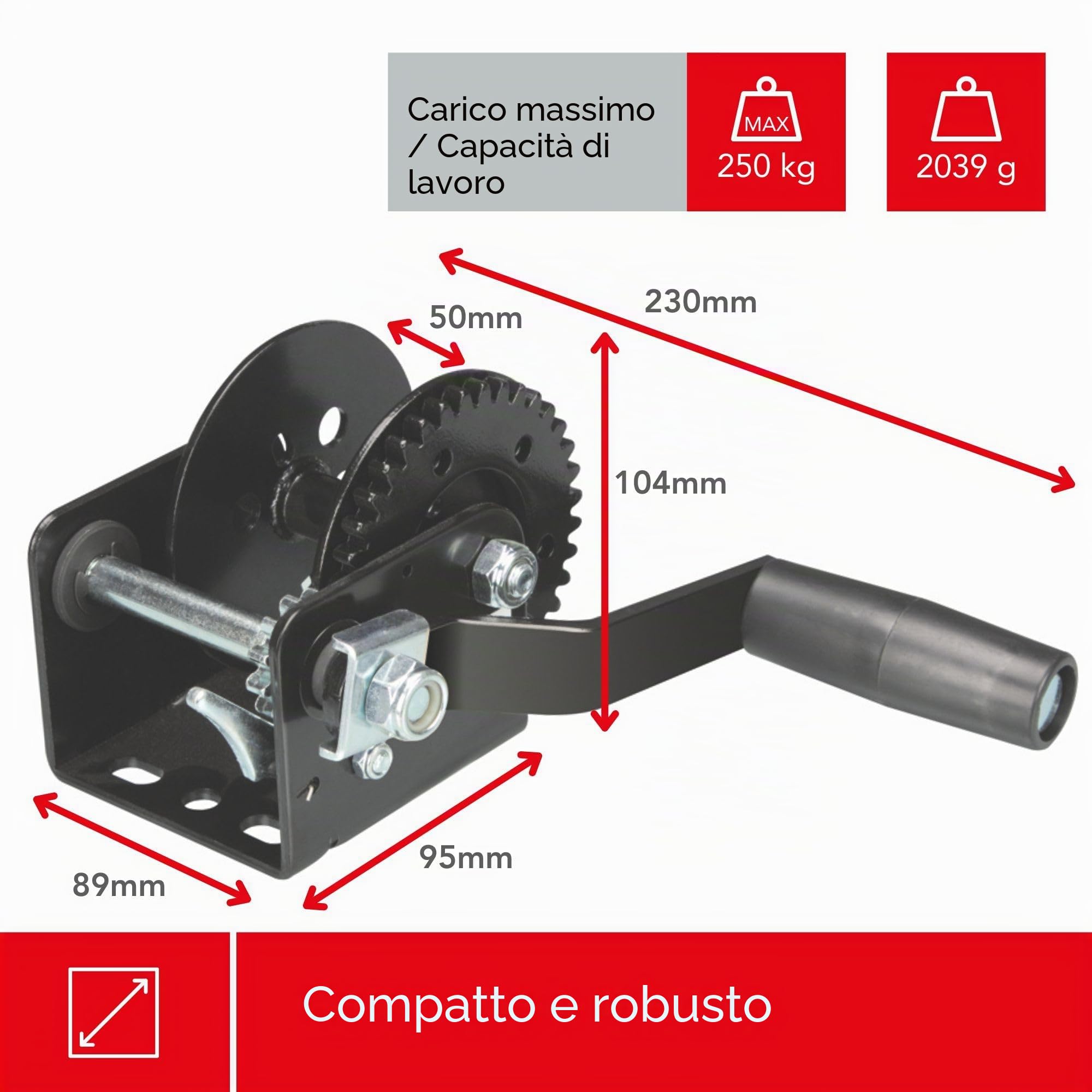 Toolland Argano manuale 250 kg acciaio inox con cricchetto e cavo, rapporto 3.1:1, argano da rimorchio nero con manovella ergonomica, ideale per barca, rimorchio e sollevamento