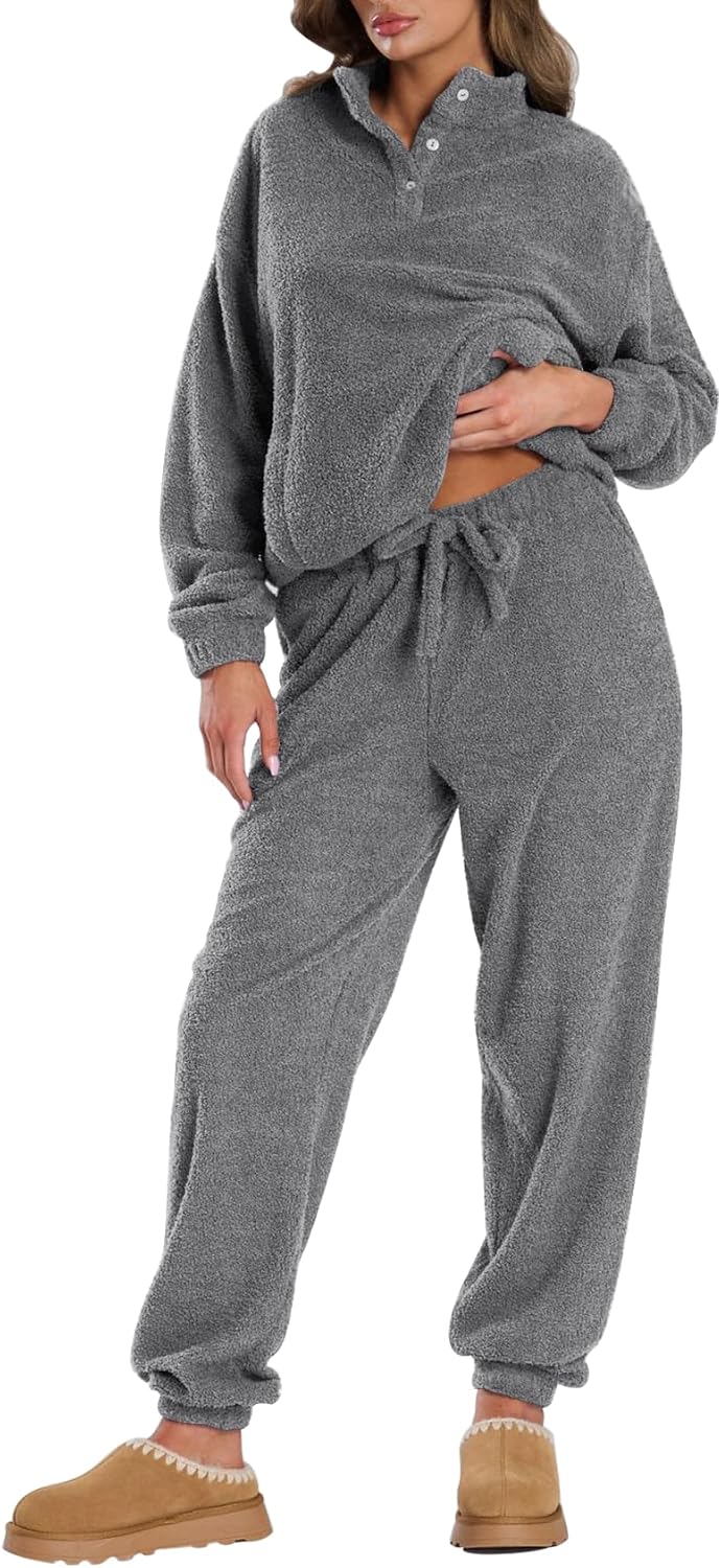 Gihuo Women's Fluffy Pajamas Sets Fuzzy Fleece Lounge Set Pullover and Jogger Pants Loungewear