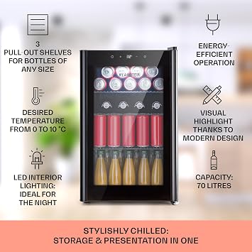 KLARSTEIN mini fridge with glass door & LED, mini fridge for rooms, small drinks with removable 3 shelves, small 70L, indoor/outdoor quiet, 0-22 °C [Energy Class E]