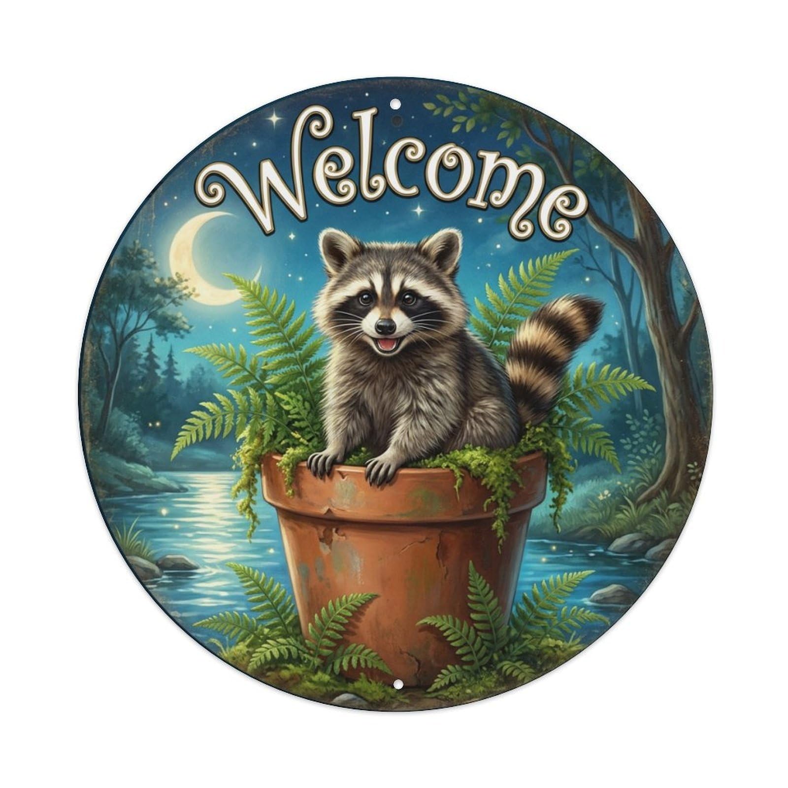 Metal Tin Sign Welcome Raccoon Moonlit Creek