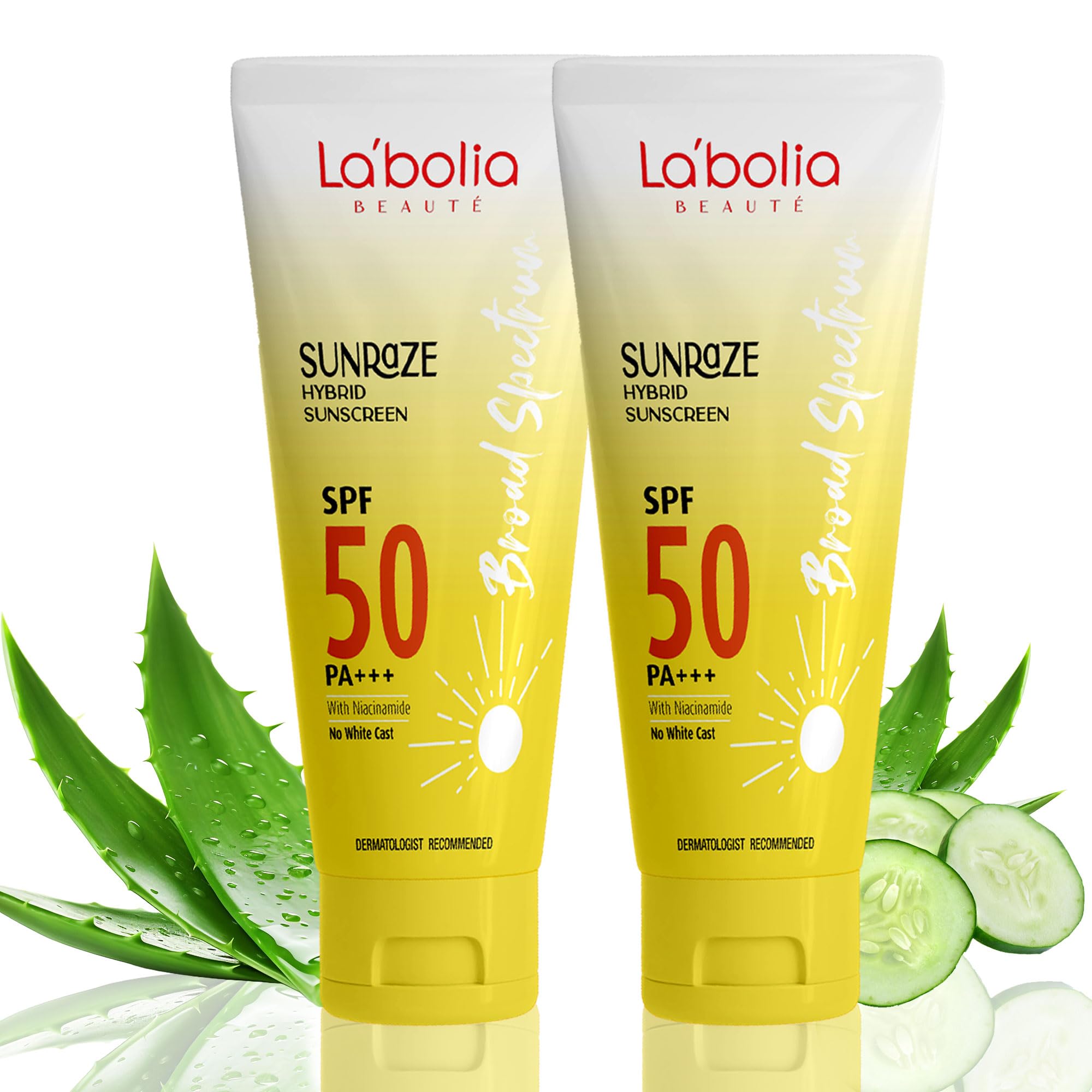 Beaute SUNRAZE Hybrid Sunscreen SPF 50 PA+++ | Broad Spectrum Face Protection with Niacinamide, Aloe Vera & Cucumber | Dermatologist Recommended (50g, 2)