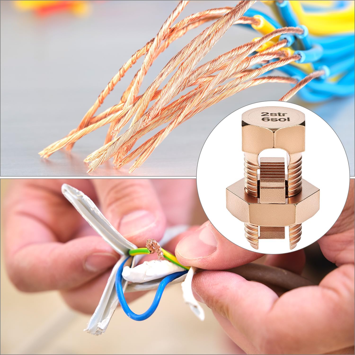 QWORK Split Bolt Connectors, 10 Pack 2-6 AWG Solid Copper Grounding Clamps, High Conductivity for Outdoor Grounding & Industrial Bonding