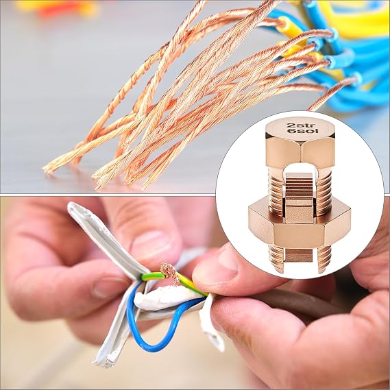 QWORK Split Bolt Connectors, 10 Pack 2-6 AWG Solid Copper Grounding Clamps, High Conductivity for Outdoor Grounding & Industrial Bonding