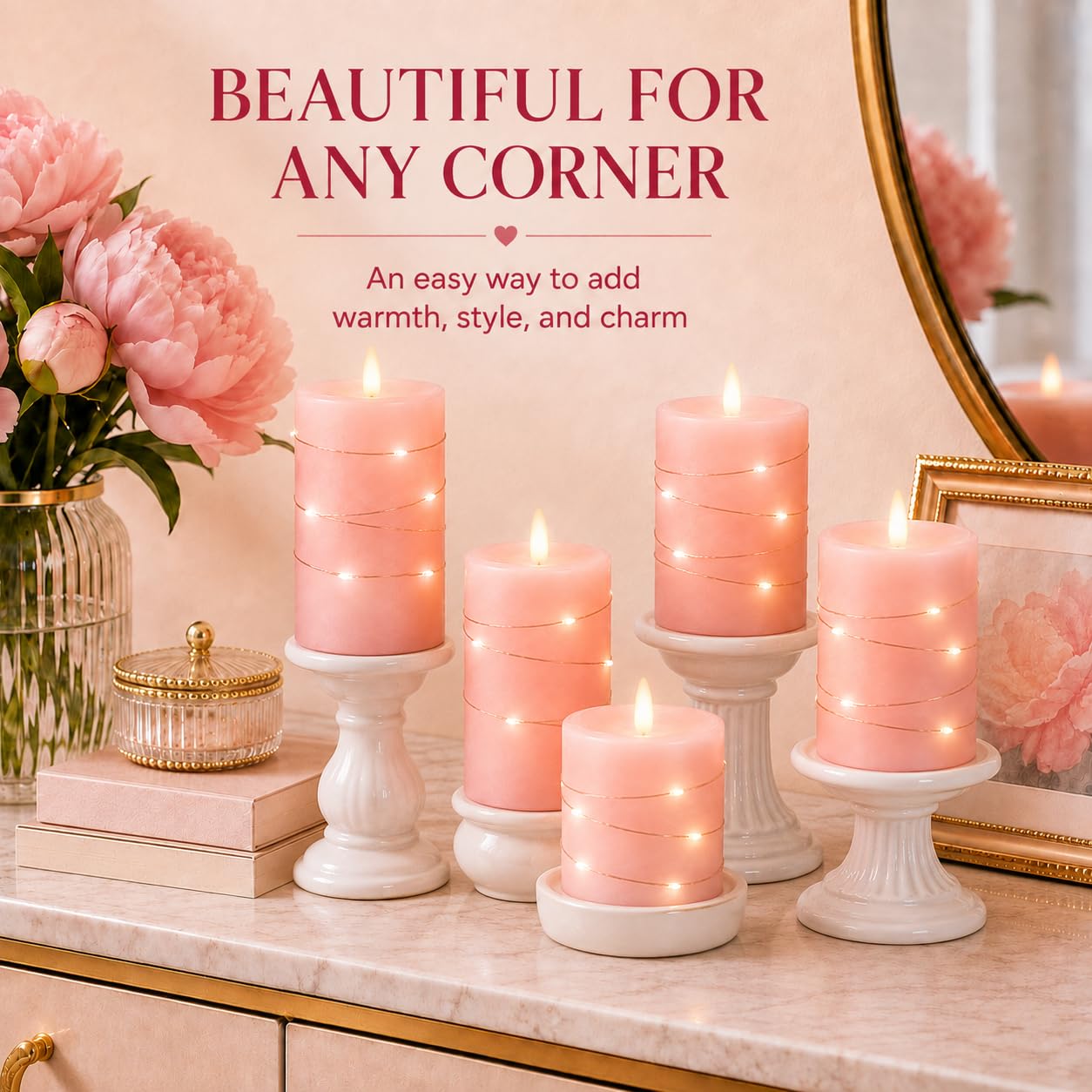 Upinmz Candele tremolanti senza fiamma con luci a stringa incorporate, candele a batteria con telecomando e timer, candele LED per decorazione domestica, vera cera, confezione da 3 pezzi, rosa