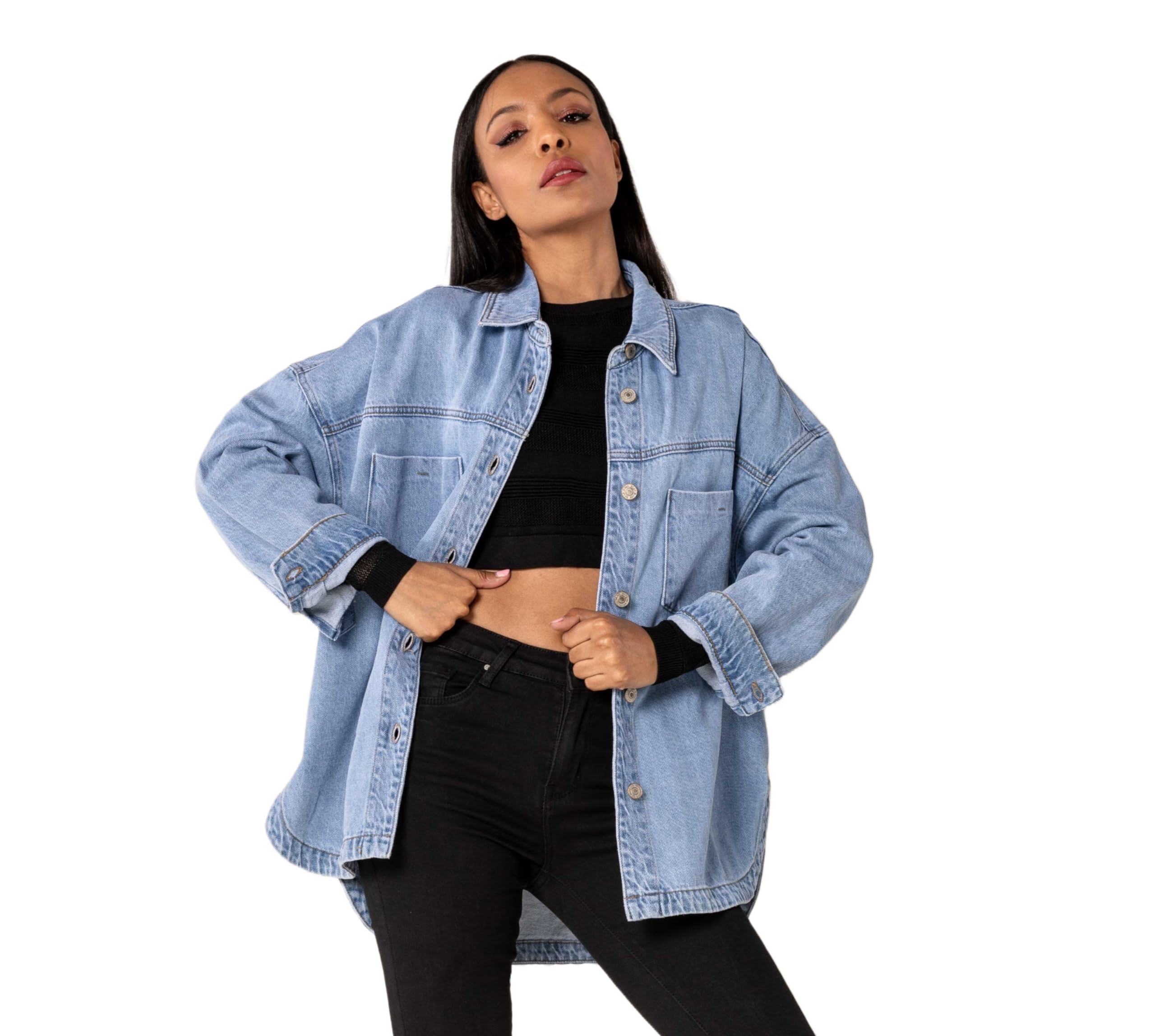 Nina Carter S539 Camisa vaquera de gran tamaño para mujer, chaqueta vaquera ligera, chaqueta de entretiempo, chaqueta de camisa con efecto de lavado, aspecto desgastado, informal