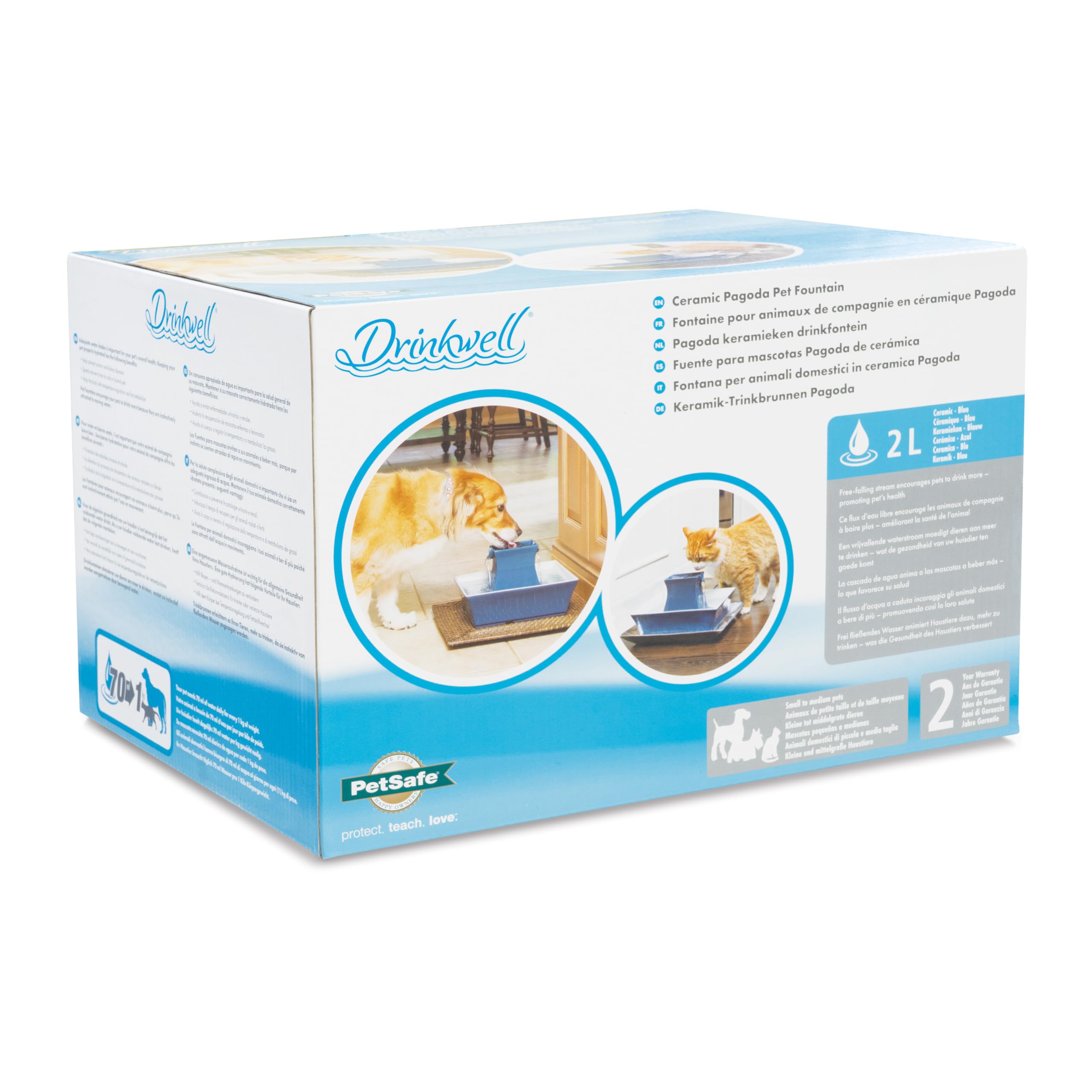 PetSafe Drinkwell Pagoda Fuente de Cerámica, 2L, Azul | Diseño Minimalista, Capacidad 2 Litros, Para Perros y Gatos