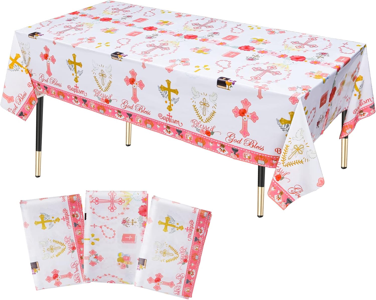 Lcoor 3Pcs Pink Baptism Tablecloths, First Communion Party Decorations for Girl Christening, Religious Cross Table Cover for Baby Shower First Birthday Decor Christening Wedding Party Favors
