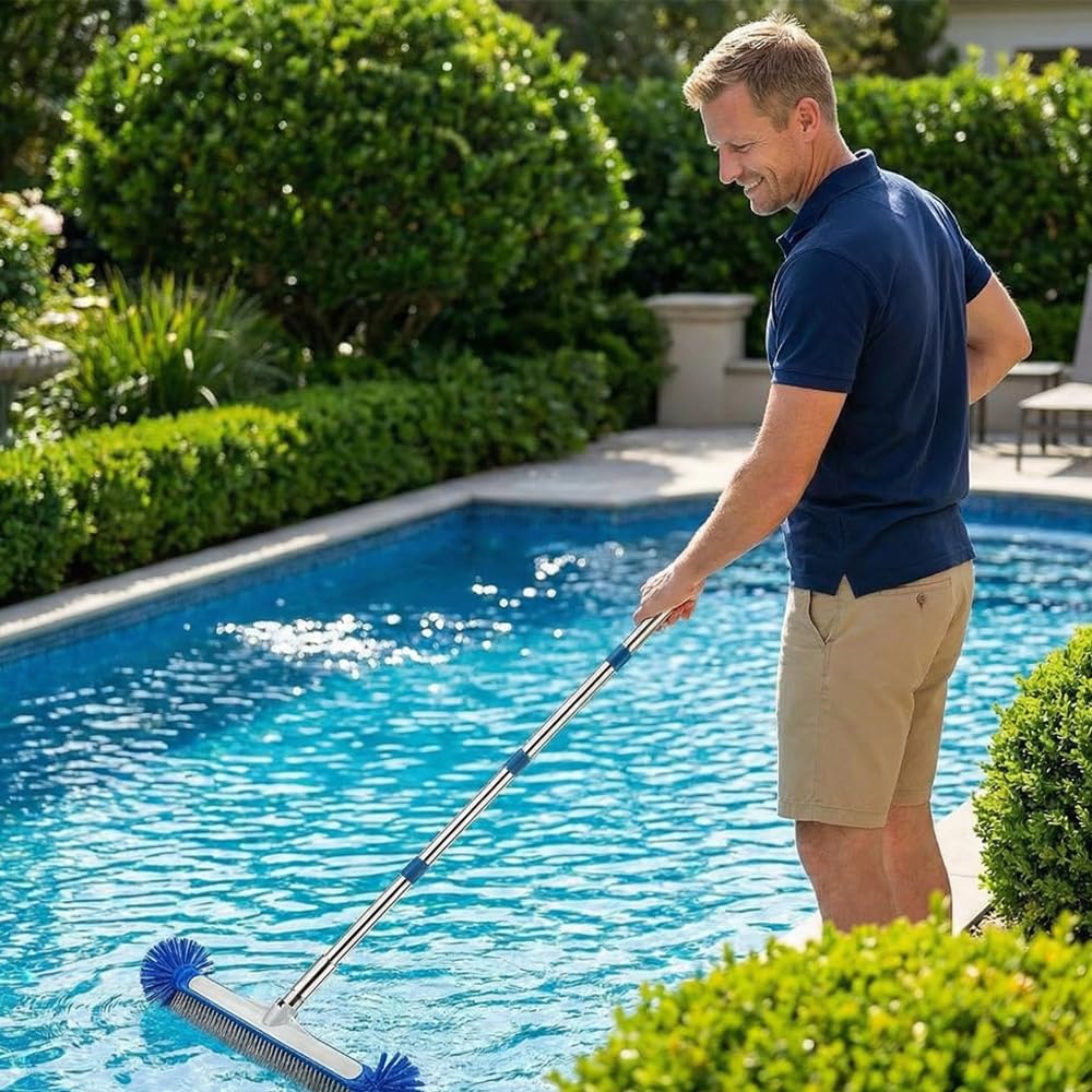 Balai de Piscine avec Tige en Acier Inoxydable réglable en Longueur 230 cm, Balai Piscine Brosse 45 cm，avec Perche Amovible avec Tige en Acier Inoxydable réglable en Longueur