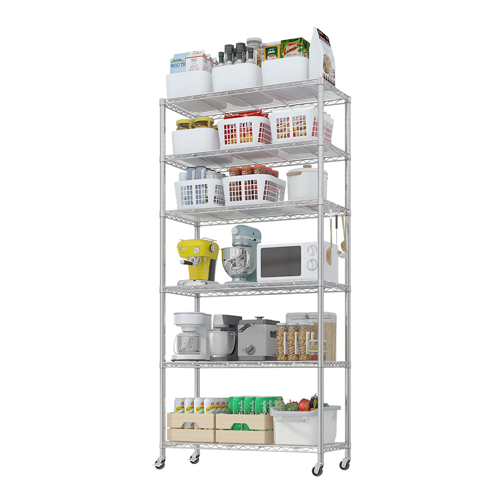 Étagère à 6 Niveaux Sur Roulettes Réglable - 60x35x185 Cm, Acier, Capacité 90 Kg Par étagère (argent)