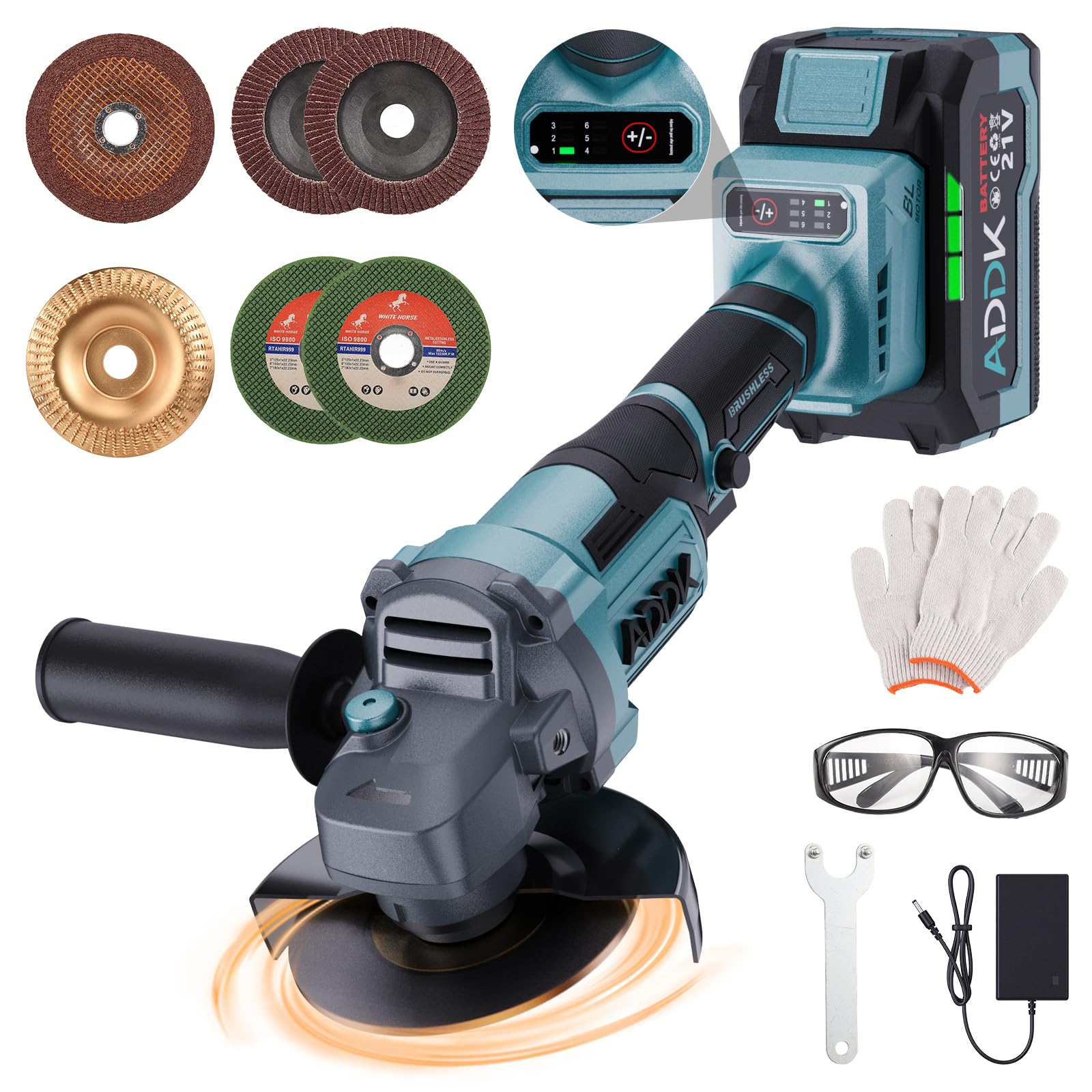 Smerigliatrice angolare senza fili,Professional Smerigliatrice angolare 125mm con 1 batteria 4.0Ah,6 velocità regolabili,Motore Brushless, adatto per la macinazione, la lucidatura e il taglio (a)