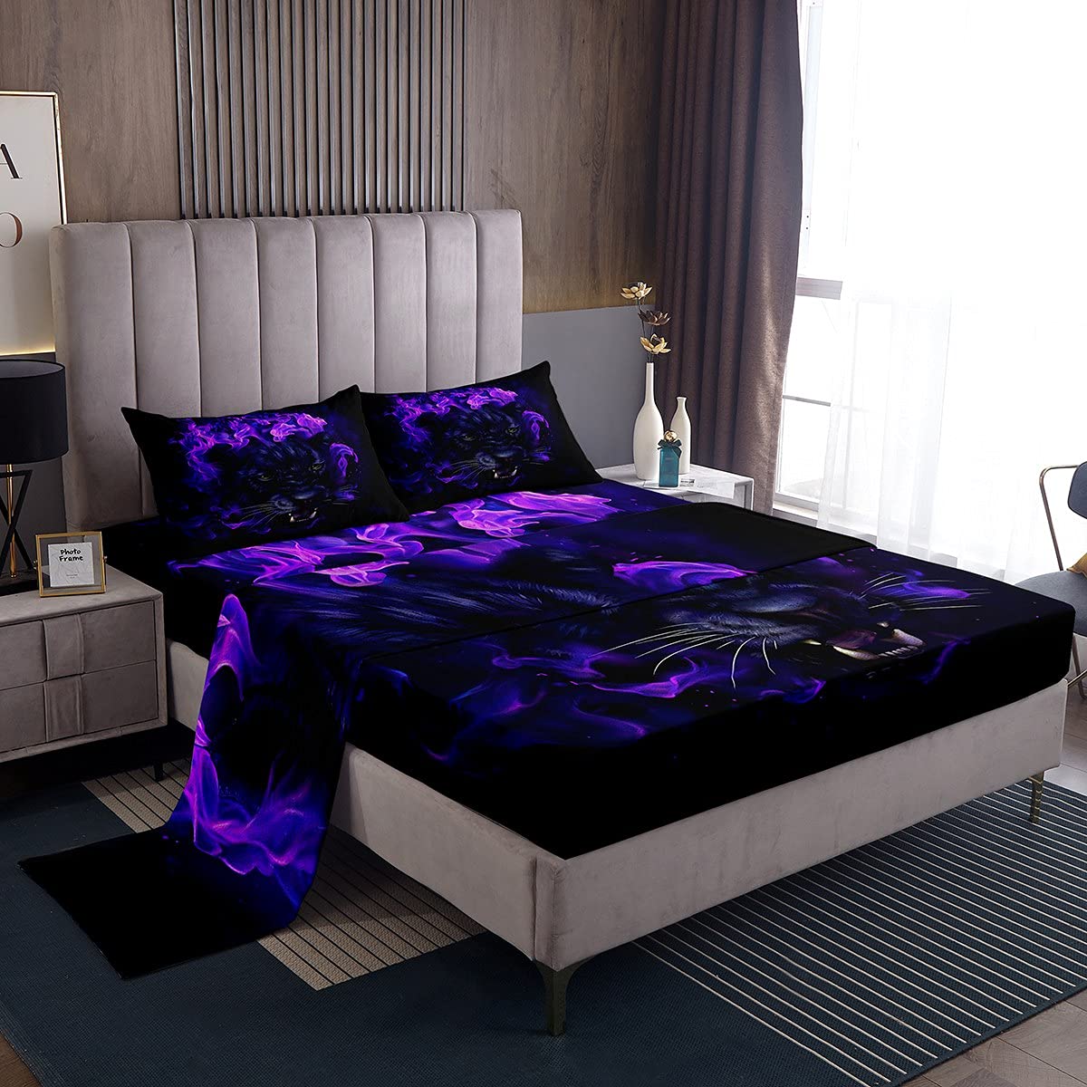 Leopard Bedding Sheets Black Panther Bed Sheet Set Kids Boys Girls Cheetah Bedding Fitted Sheet Blue Fire Wild Animal Bed Cover With 1 Flat Sheet+1 Fitted Sheet+ 2 Pillowcase Double