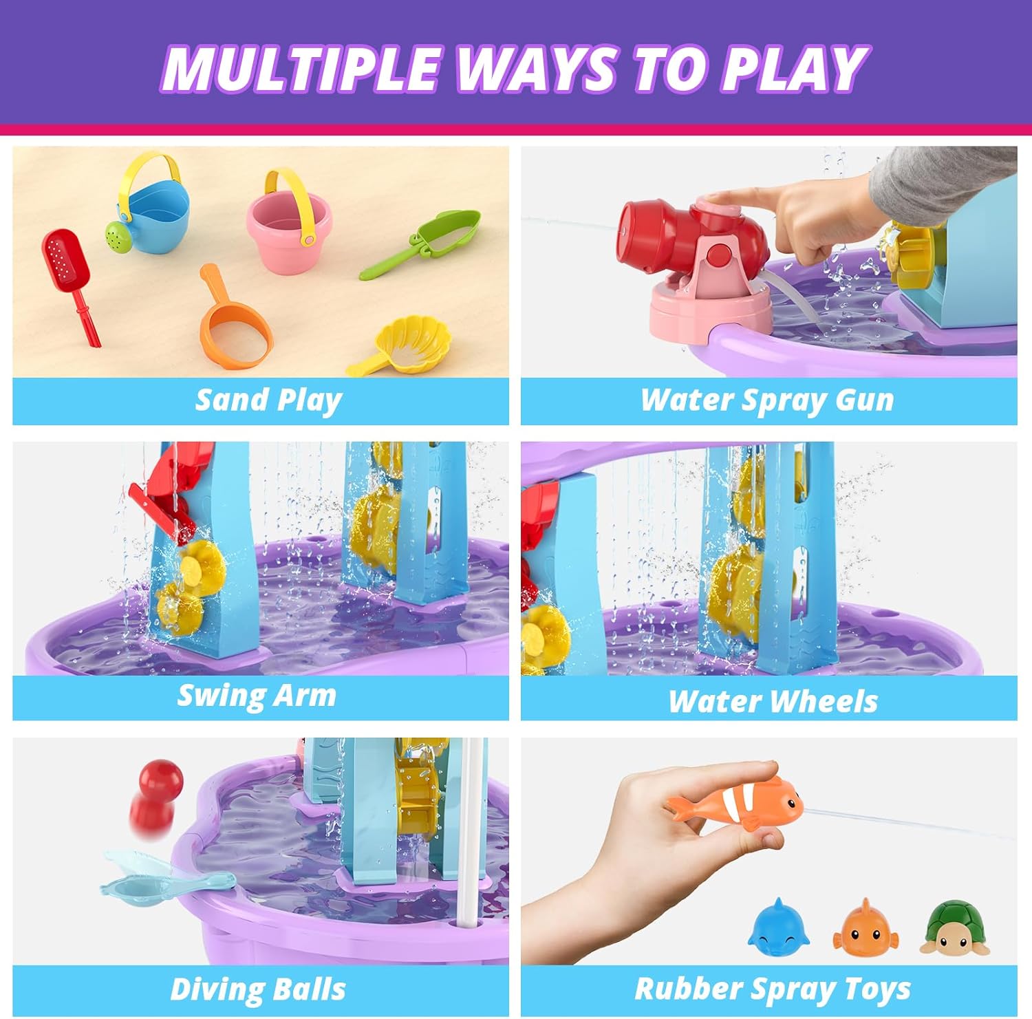 Wee Wonders 3-Tier Water Table for Toddlers, Kids Sand Water Table with Adjustable Umbrella, Sand Toys & Fishing Game, Sensory Table Activity Playset for Outdoor Beach, Summer Toys for Girls Boys 3-5