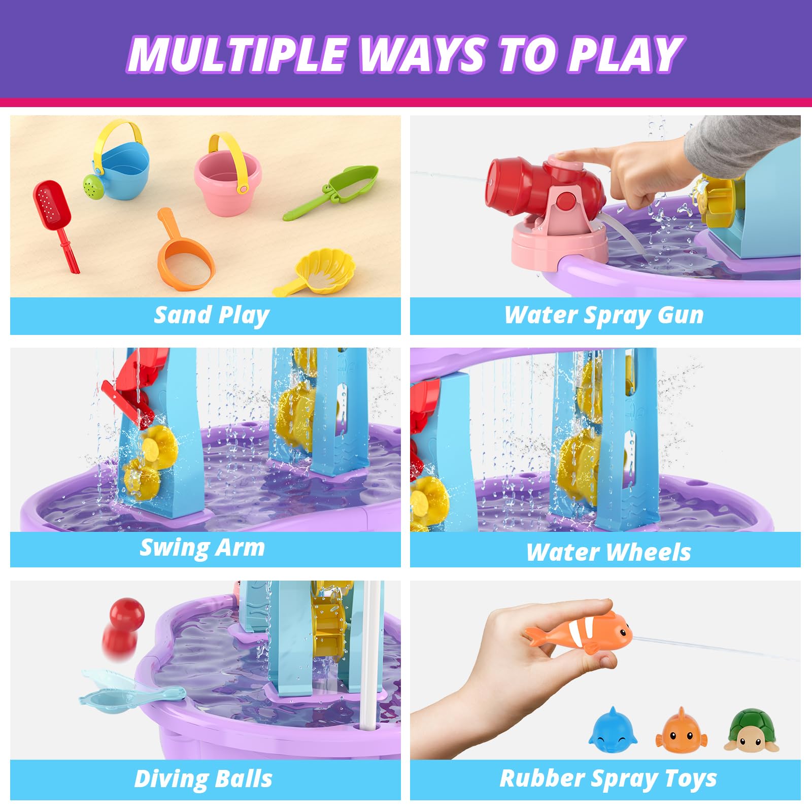 Wee Wonders 3-Tier Water Table for Toddlers, Kids Sand Water Table with Adjustable Umbrella, Sand Toys & Fishing Game, Sensory Table Activity Playset for Outdoor Beach, Summer Toys for Girls Boys 3-5 - 5