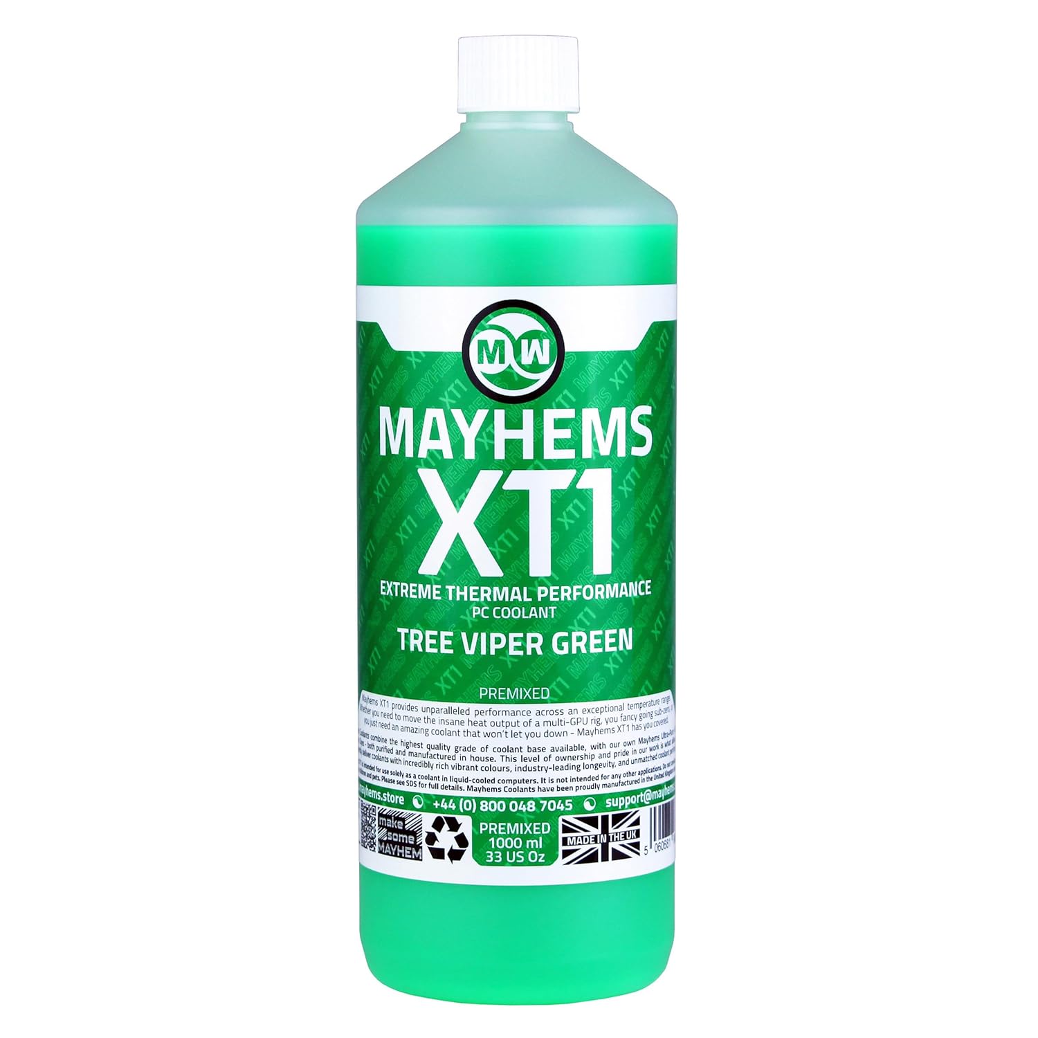 Mayhems - XT1 Premixed PC Coolant - Computer Water Cooling Fluid - Liquid Cooling, Thermal Performance Series, UV Fluorescent, 1 Litre, Tree Viper Green