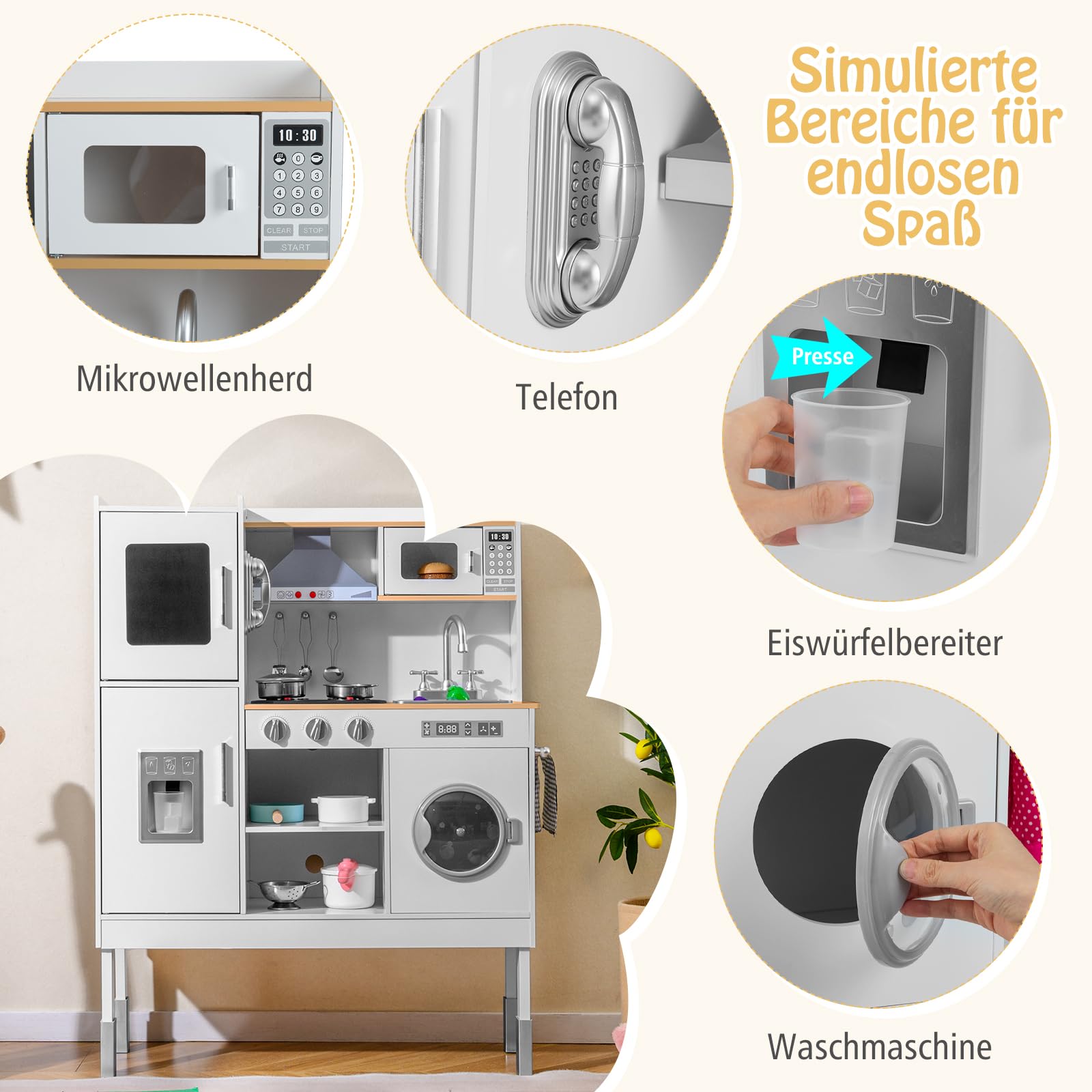 COSTWAY drewniana kuchnia dziecięca, kuchnia do zabawy z światłem i dźwiękiem, drewniana kuchnia z tablicą, kuchenką mikrofalową, zlewem, piekarnikiem i przestrzenią do przechowywania, w zestawie z