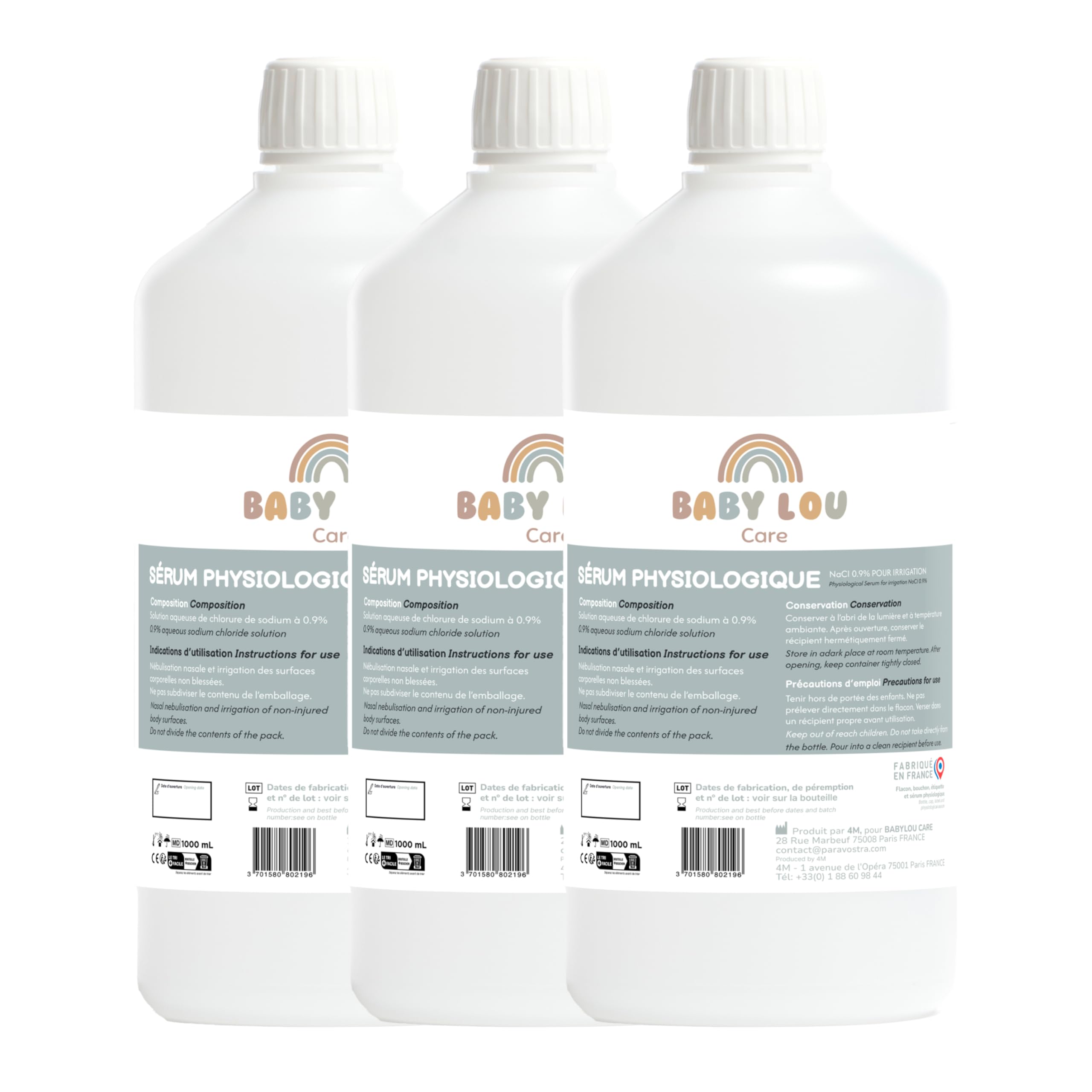 Physiologische Kochsalzlösung in Flasche 3×1 L | NaCl 0,9 % | Hergestellt in Frankreich | Nasenspülung | Nasenhygiene | Zur äußeren Anwendung