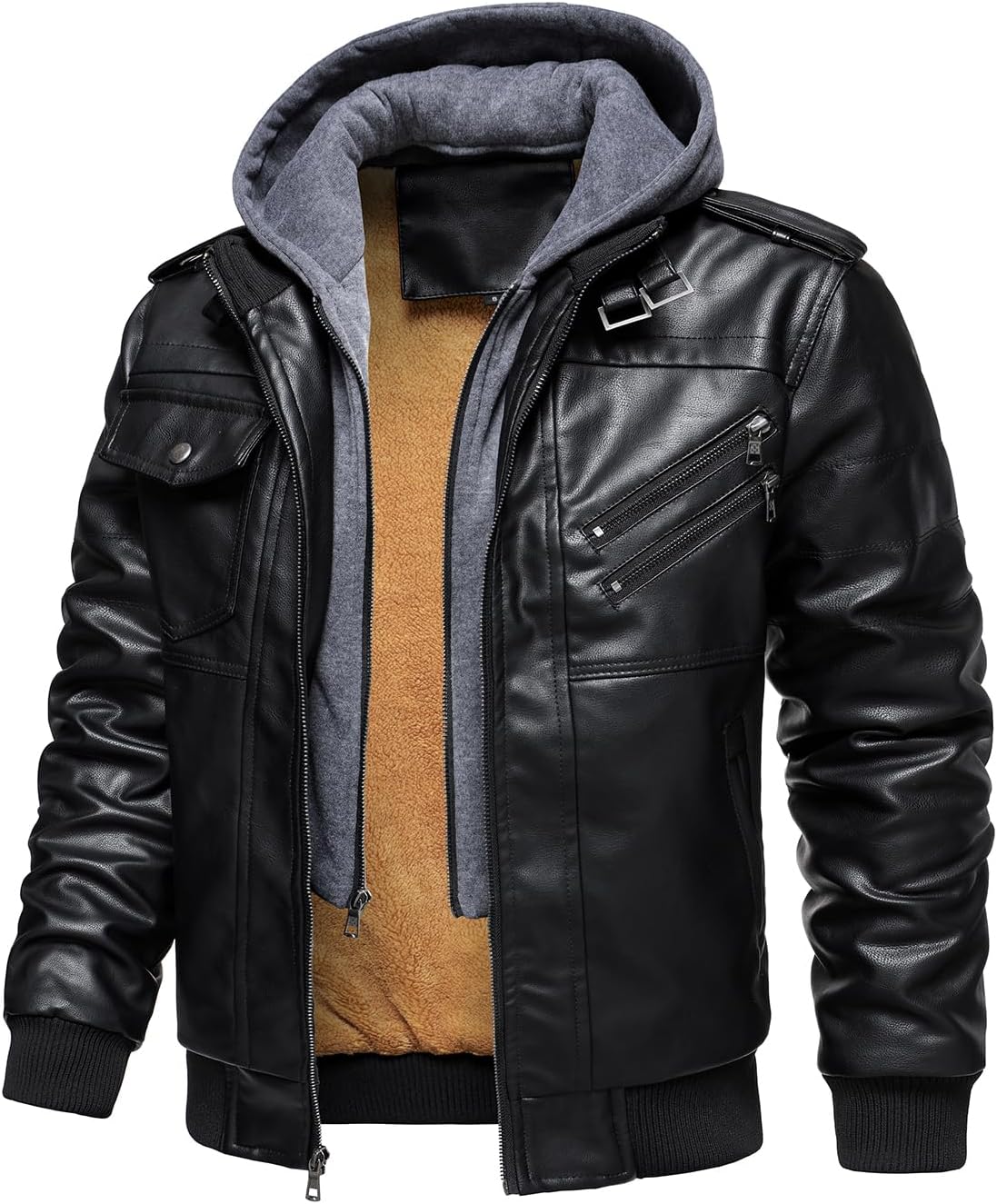 HOOD CREW Mens Casual Stand Collar PU Faux Leather Zip-Up Motorcycle Bomber Jacket With a Removable Hood