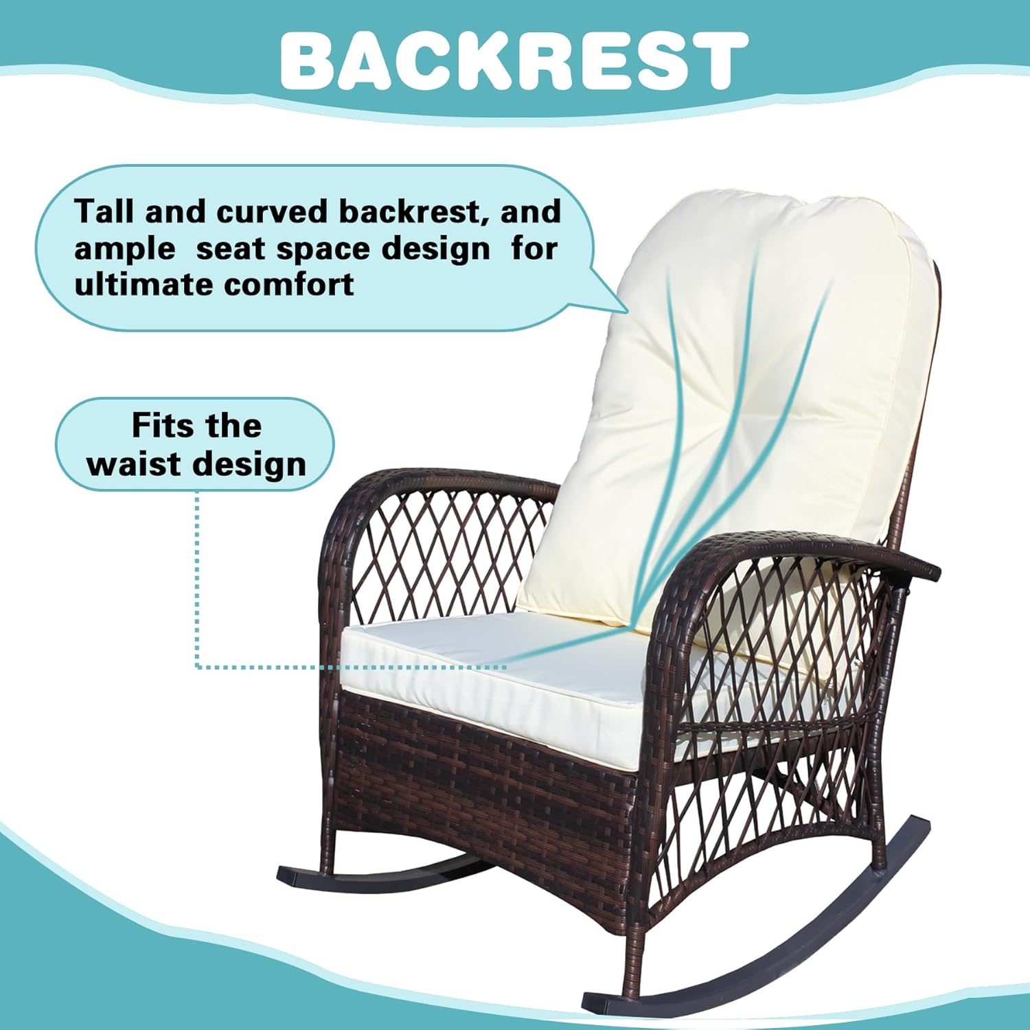 Wicker Rocking Chairs for Outdoors, Oversized Rattan Porch Rocker Chair with Padded Seat & Back Cushions,Patio Chairs Rocking Chairs for Balcony,Porch,Backyard,Deck (Brown+Cream)