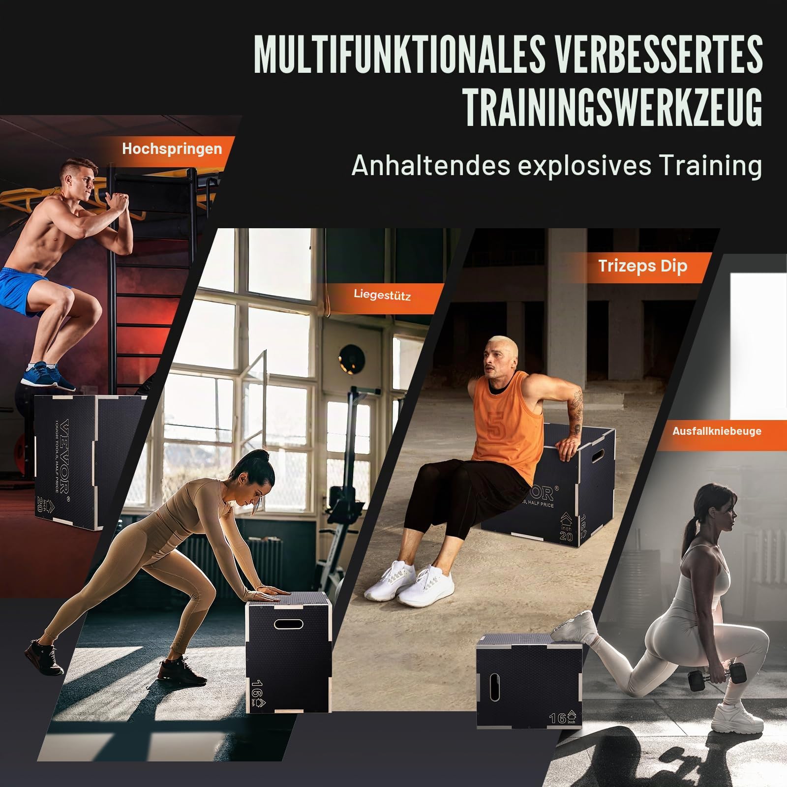 VEVOR 3-in-1 Plyometrische Sprungbox aus Holz, Plyo-Box, Plattform & Sprung-Agility-Box, rutschfeste Fitnessübung, Step-Up-Box für Zuhause, Fitnessstudio, Konditionierung, Krafttraining, mehrere
