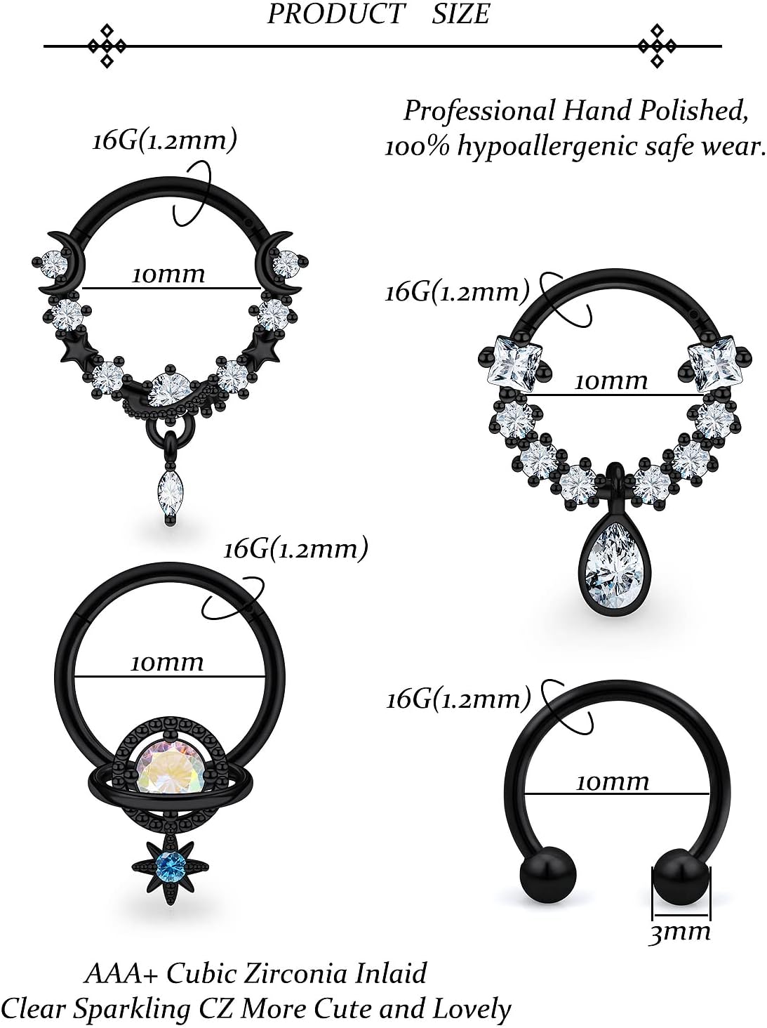 Vsnnsns Septum Rings 16G Stainless Surgical Steel Septum Piercing Jewelry Clicker Septum Rings Horseshoe Septum Nose Rings Hoop Piercing Jewelry for Women Men Silver Black Rose Gold 10mm