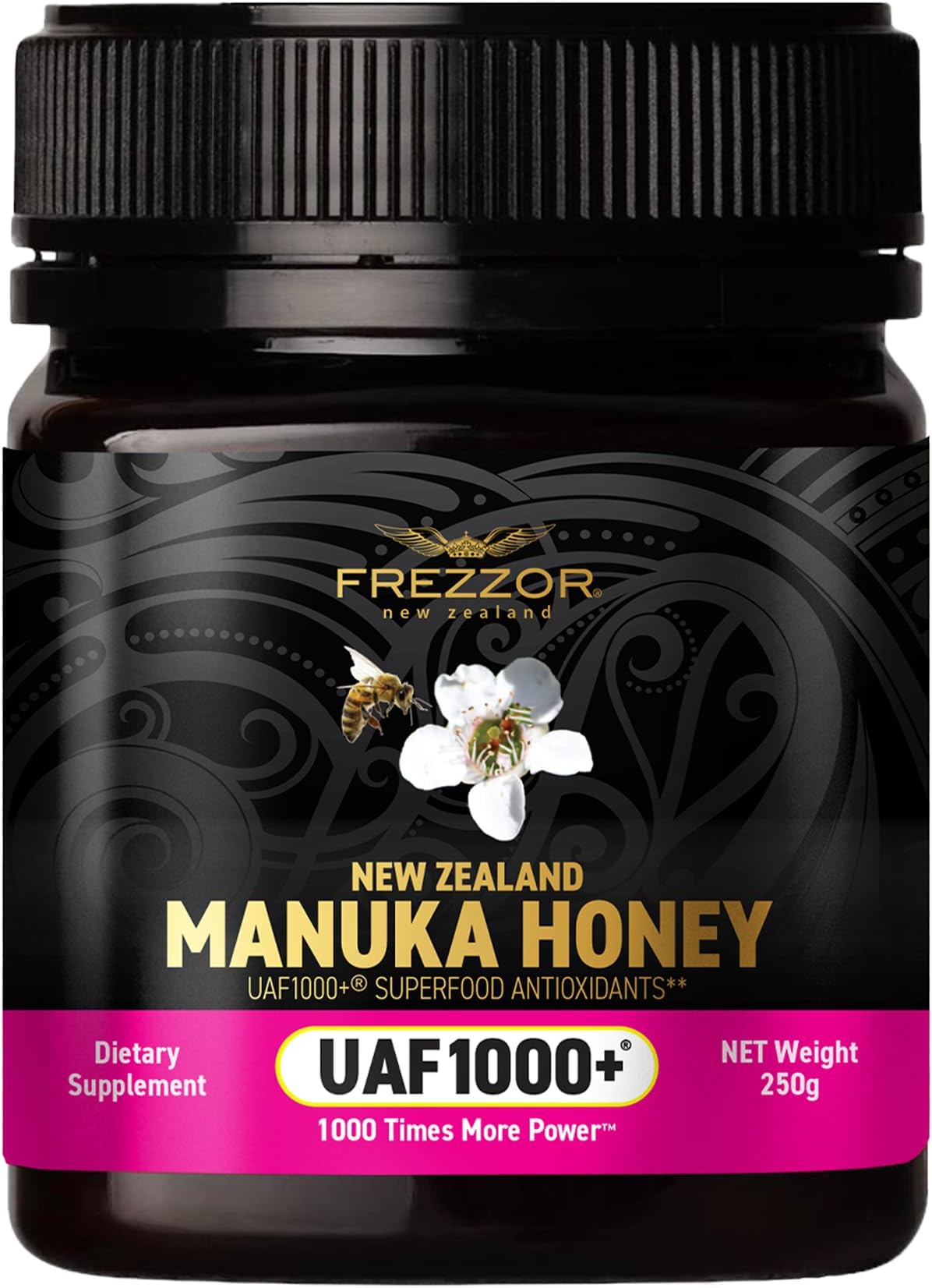 FREZZOR Premium 100% Raw New Zealand Manuka Honey with UAF1000+ Super Antioxidant, 30% More Bioactive, Best Support for Everyday Wellness, Antioxidant Superfood, 1 Jar (8.8oz/250g)