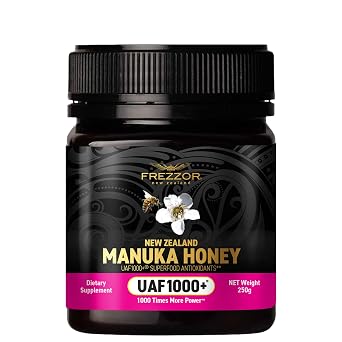 FREZZOR Premium 100% Raw New Zealand Manuka Honey with UAF1000+ Super Antioxidant, 30% More Bioactive, Best Support for Everyday Wellness, Antioxidant Superfood, 1 Jar 8.8oz/250g
