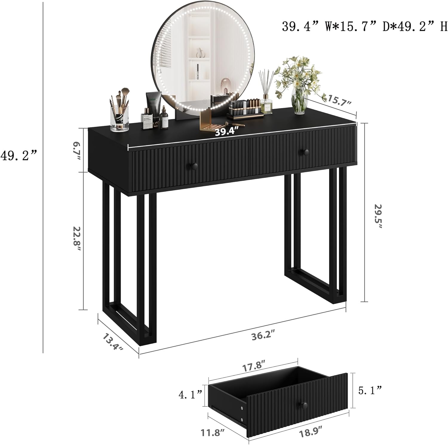 GarveeHome Black Vanity Desk with Mirror and Lights, Small Makeup Vanity with 2 Drawers, Modern Vanity Organizer with 3 Color Lights＆Adjustable Brightness, Dressing Table for Bedroom