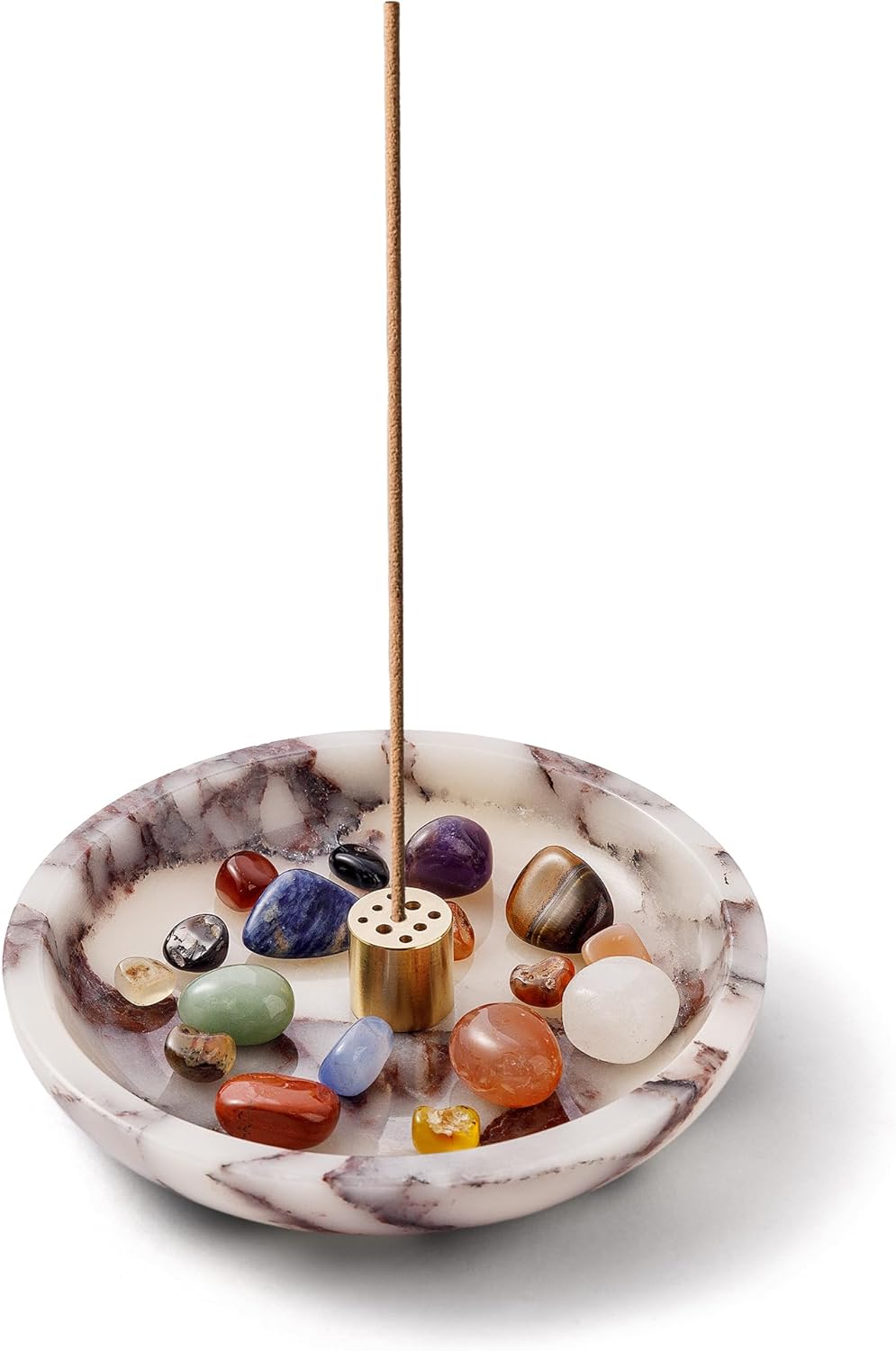 WORHE Natural Calacatta Viola Incense Holder, 5.5” Marble Incense Stick Holder with 9 Incense Holes & Crystal Stones, Handmade Incense Burner Ash Catcher for Meditation Yoga Spa Room Decor (WH094)