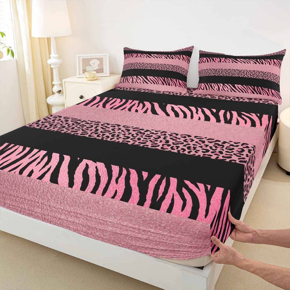 Pink Leopard Print Kids Fitted Sheet Full Size,Zebra Skin Texture Bedding Set,Girls Boys Adults Room Decor,Abstract Animals Skin Stripes Bed Cover,Fashion Romantic Bed Sheet,2 Pillowcases