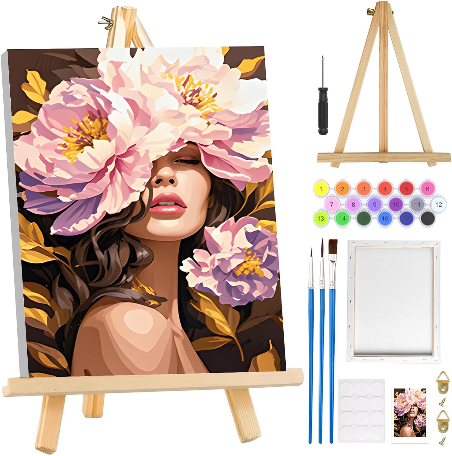 MOGTAA Flowers Girls Paint by Numbers Kit for Adults Beginners with Frame, Adult Paint by Number Kits on Canvas with Easel, Easy DIY Oil Painting Kits for Home Decor, 8x12in