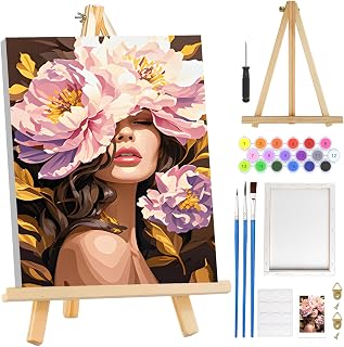 MOGTAA Flowers Girls Paint by Numbers Kit for Adults Beginners with Frame, Adult Paint by Number Kits on Canvas with Easel, Easy DIY Oil Painting Kits for Home Decor, 8x12in